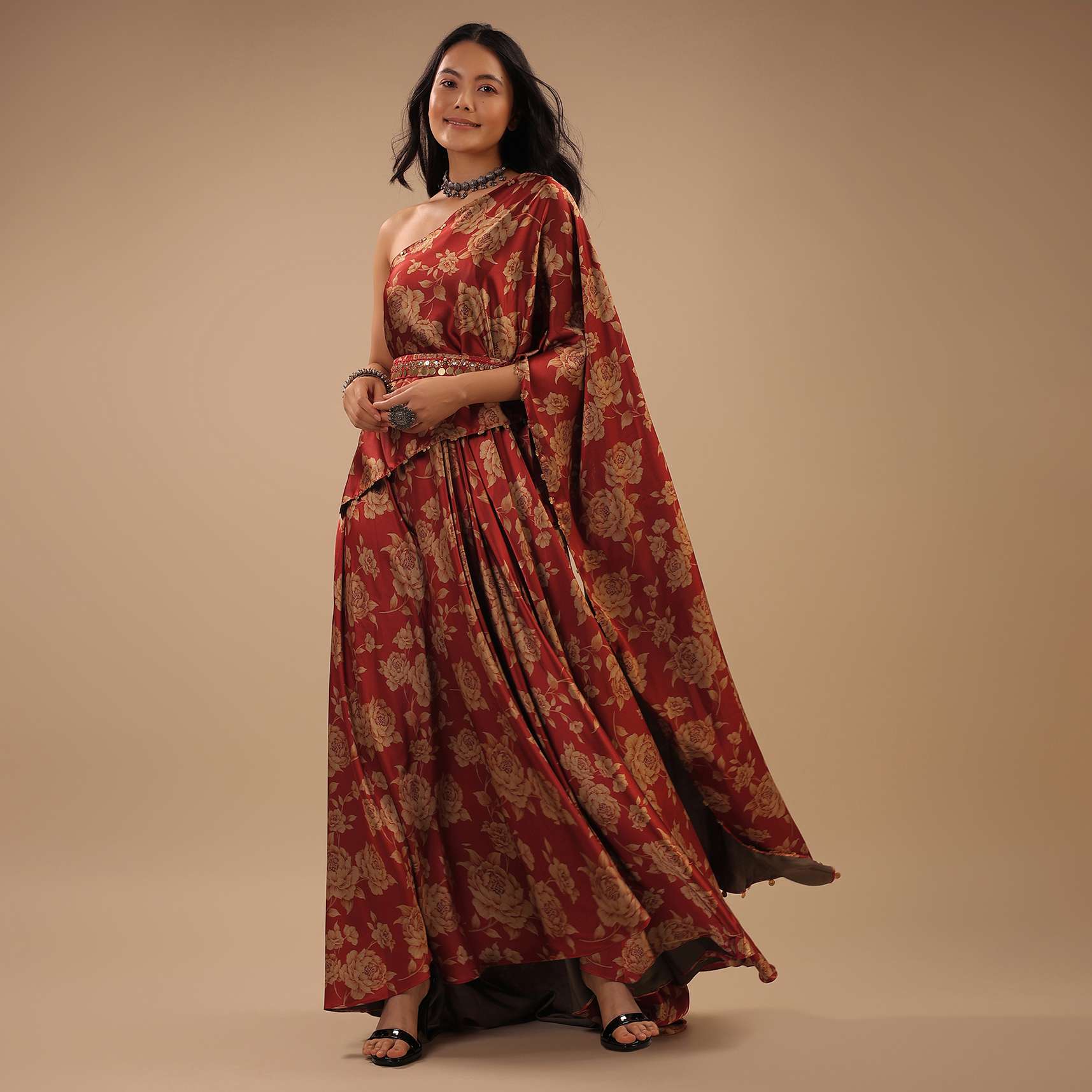 Red Satin One-Shoulder Dress With Floral Print And A Belt To Cinch The Drape - Image 2
