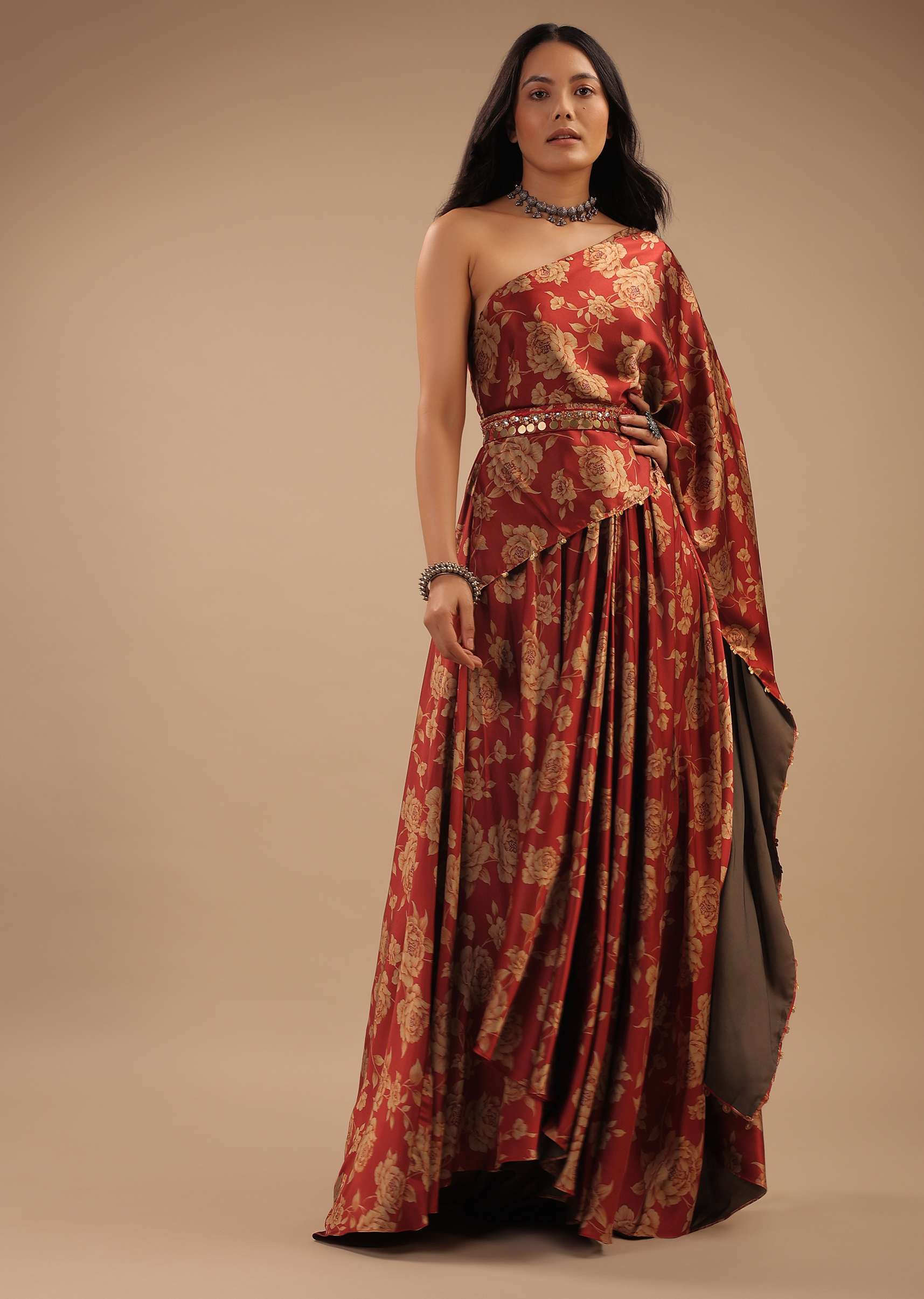 Red Satin One-Shoulder Dress With Floral Print And A Belt To Cinch The Drape - Image 3