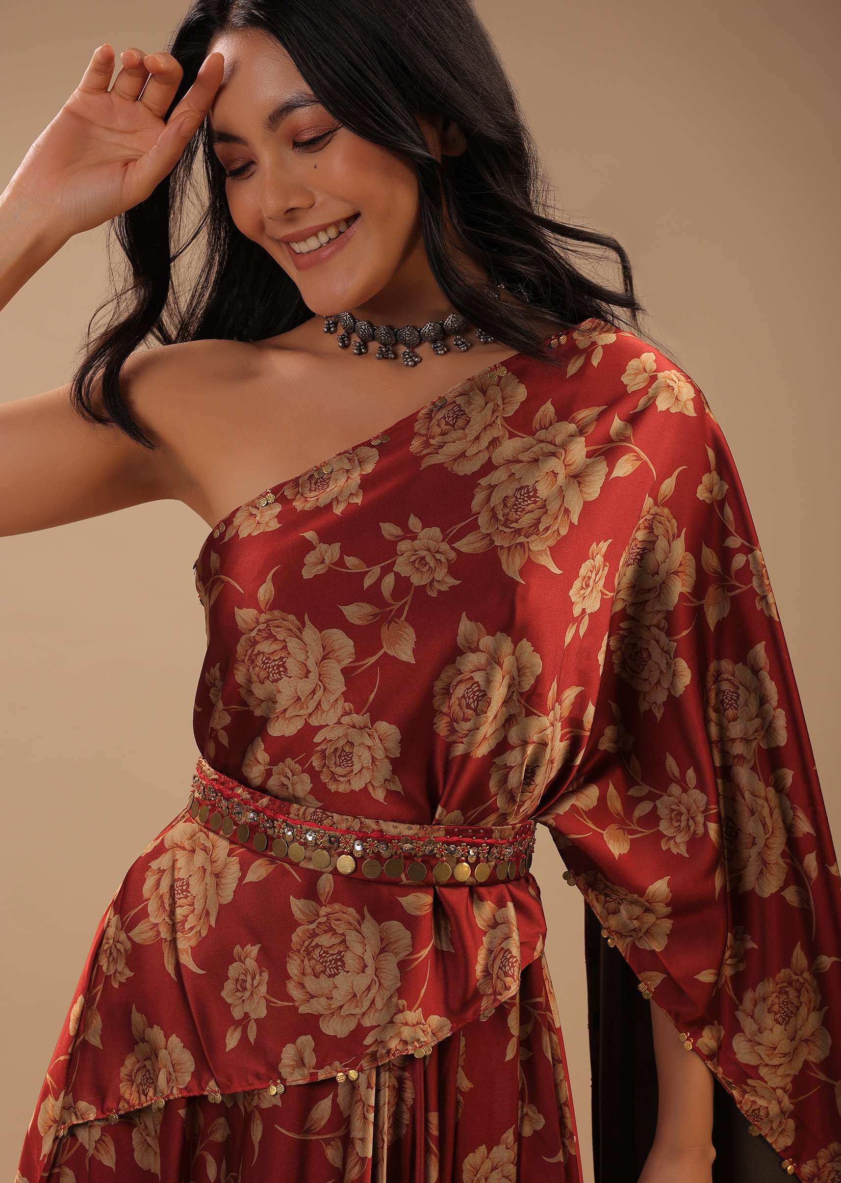Red Satin One-Shoulder Dress With Floral Print And A Belt To Cinch The Drape - Image 5