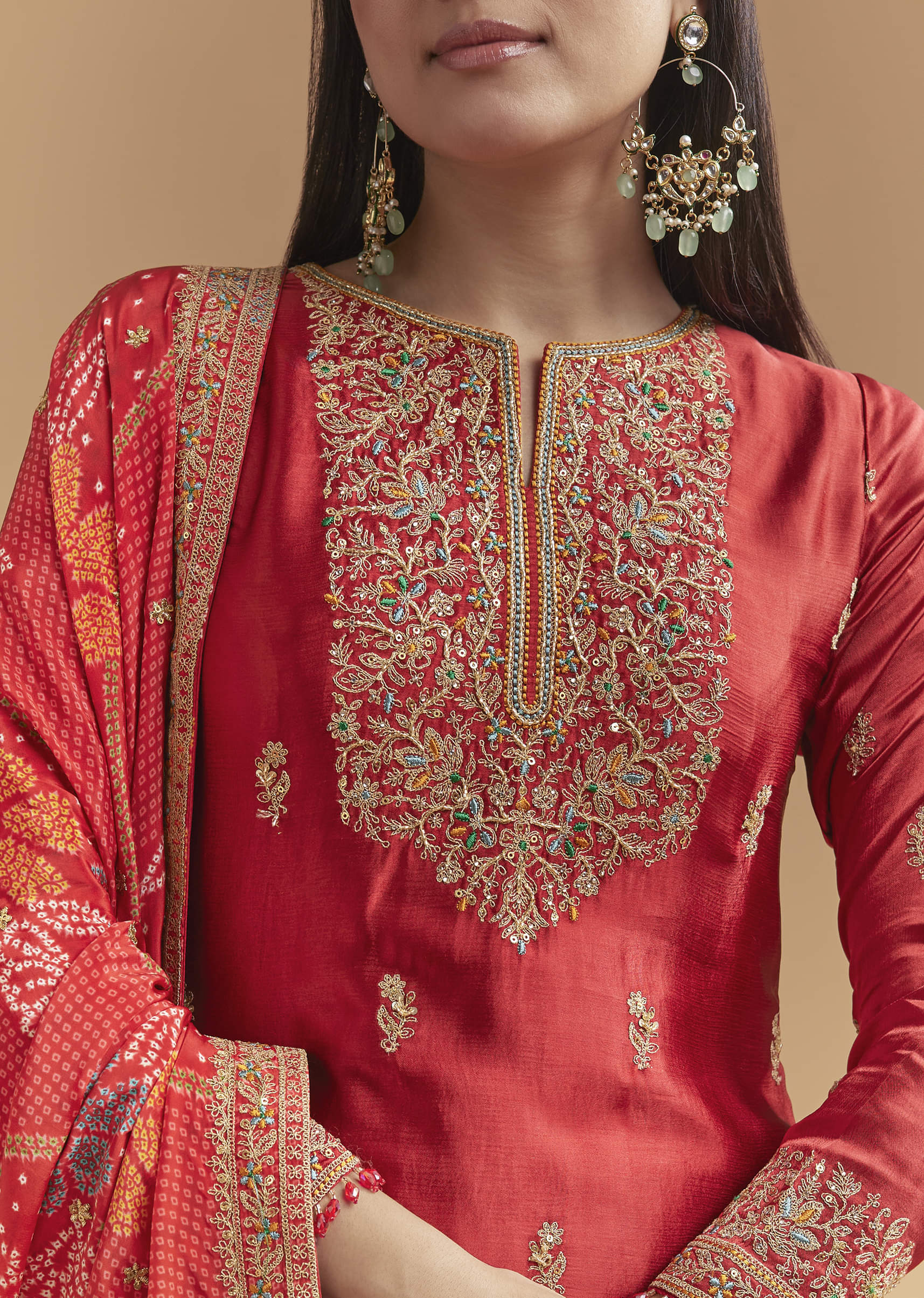 Red Satin Palazzo Suit With Heavy Hand Embroidery - Image 2