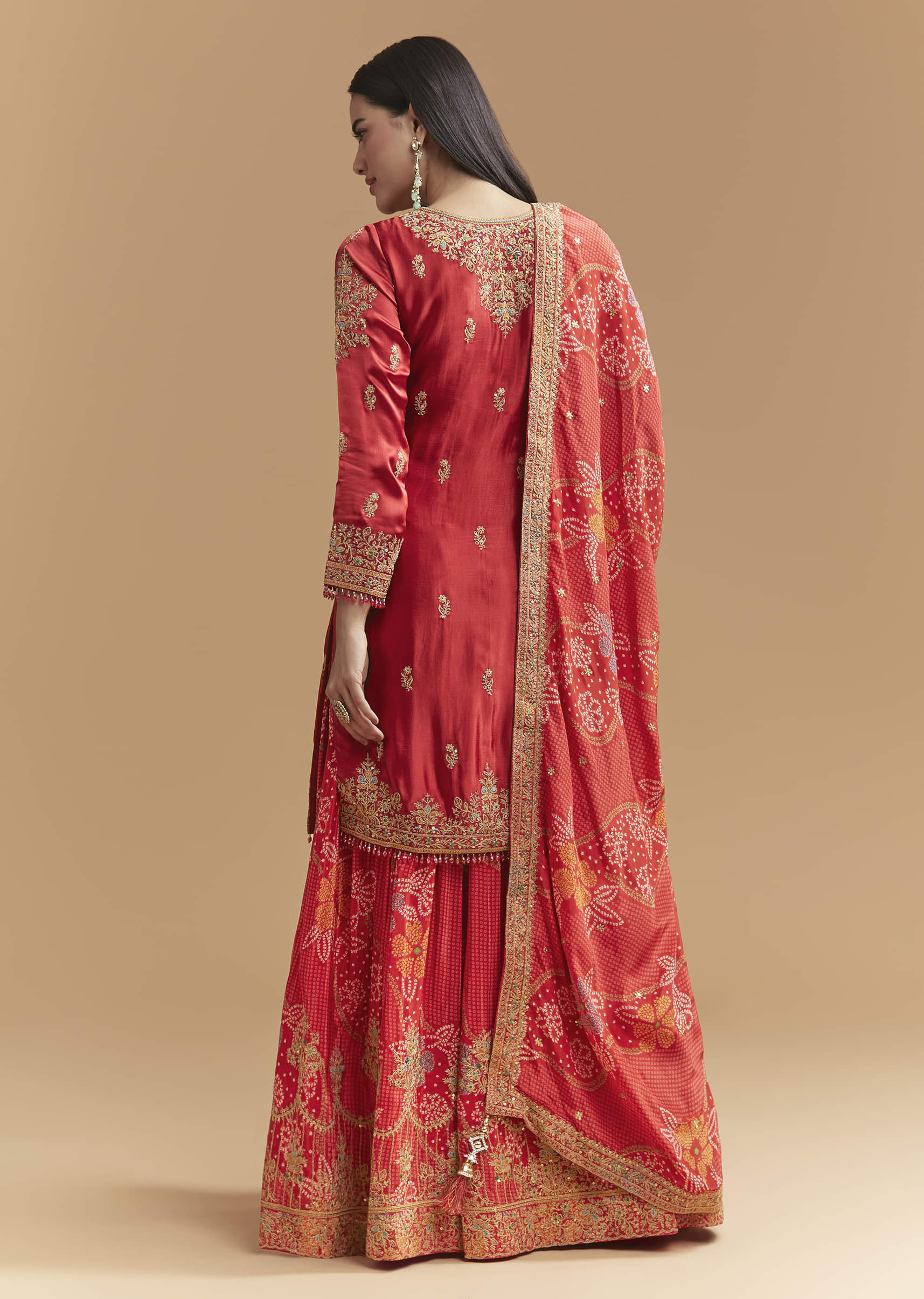 Red Satin Palazzo Suit With Heavy Hand Embroidery - Image 5