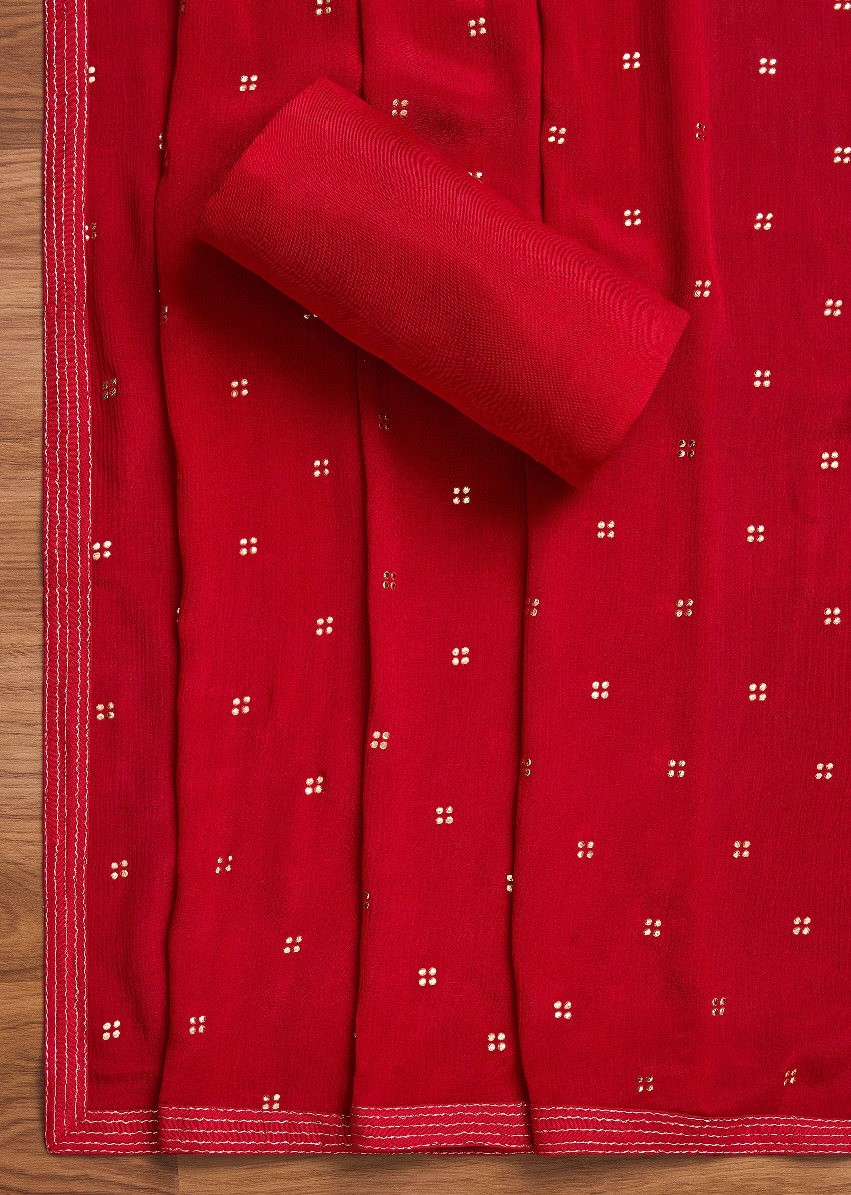 Red Satin Printed Unstitched Suit With Dupatta and Bottom Fabric - Image 4