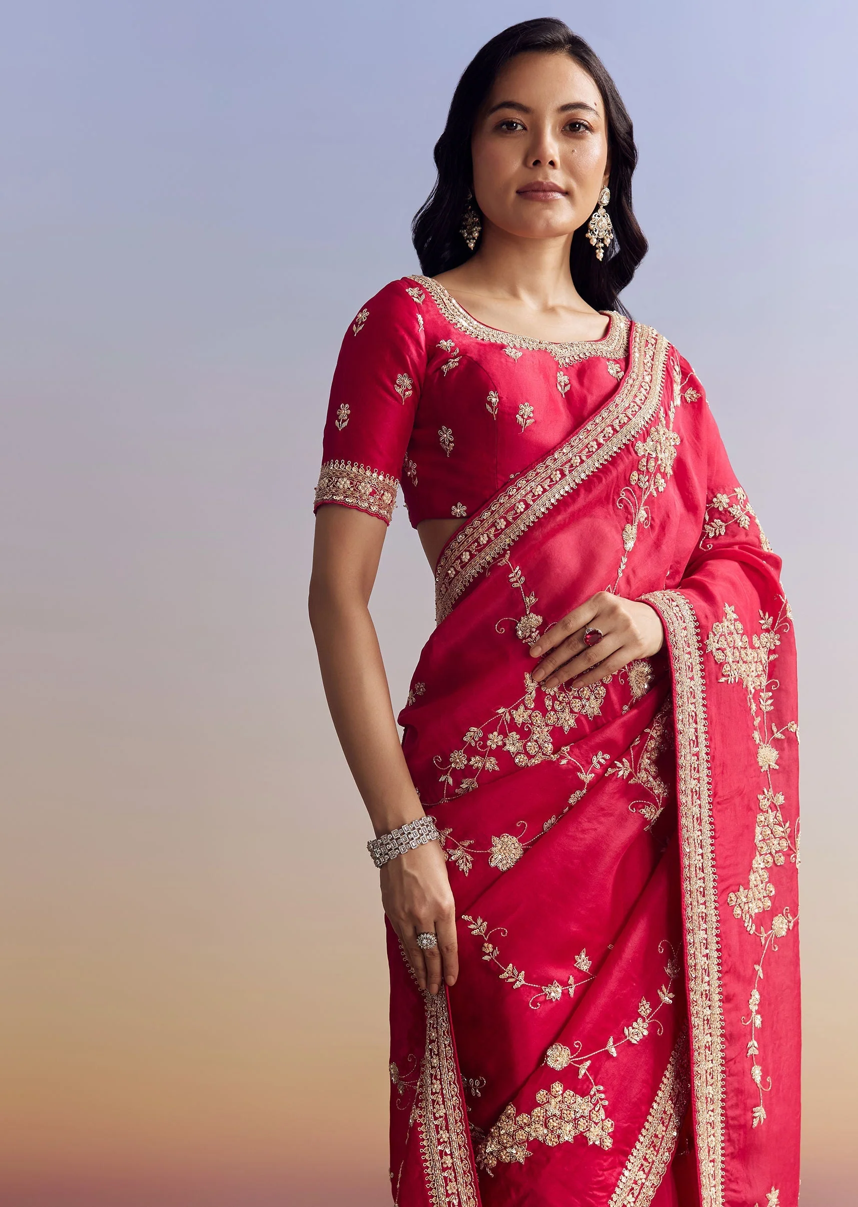 Red Satin Saree With Full Jaal Embroidery - Image 5