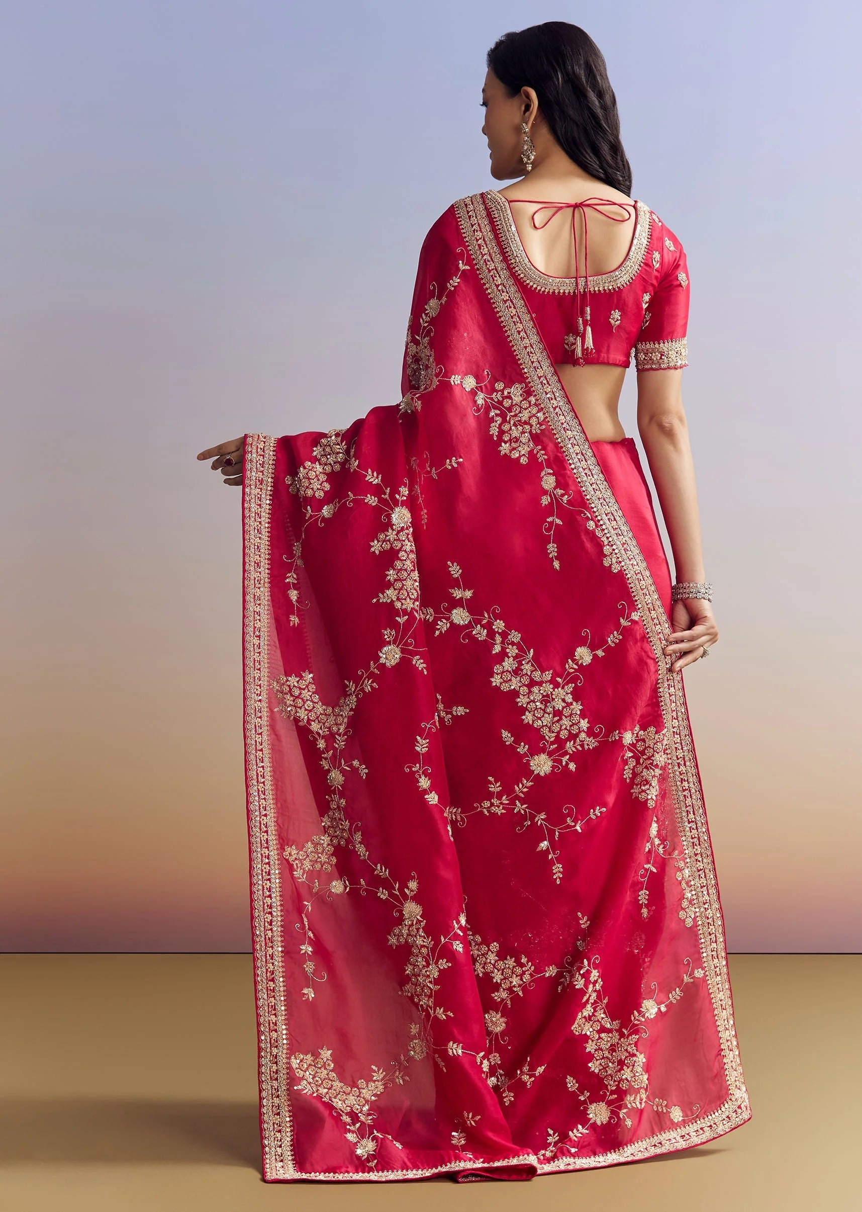 Red Satin Saree With Full Jaal Embroidery - Image 6