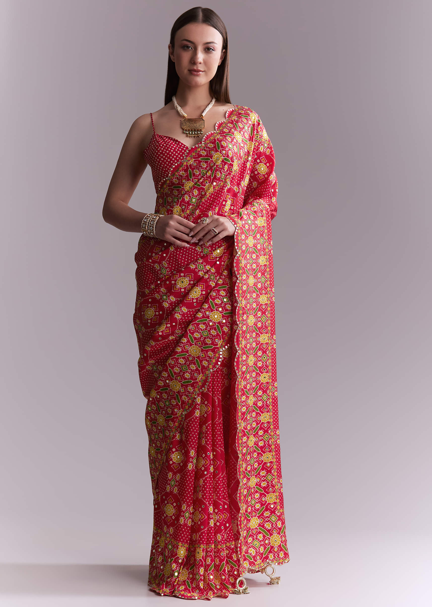 Red Satin Saree With Ikat Geometric Print And Mirror Work - Image 4