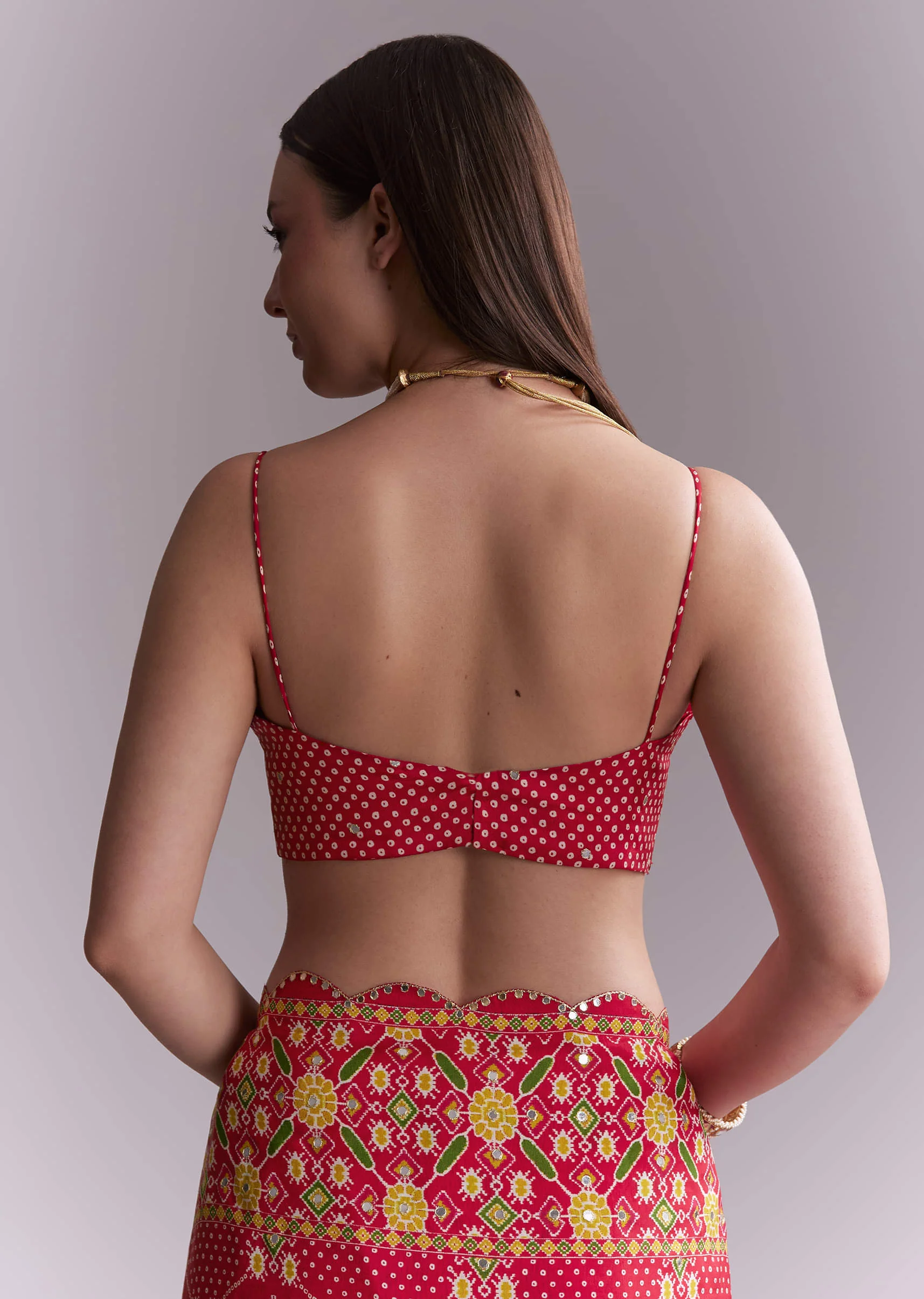 Red Satin Saree With Ikat Geometric Print And Mirror Work - Image 8
