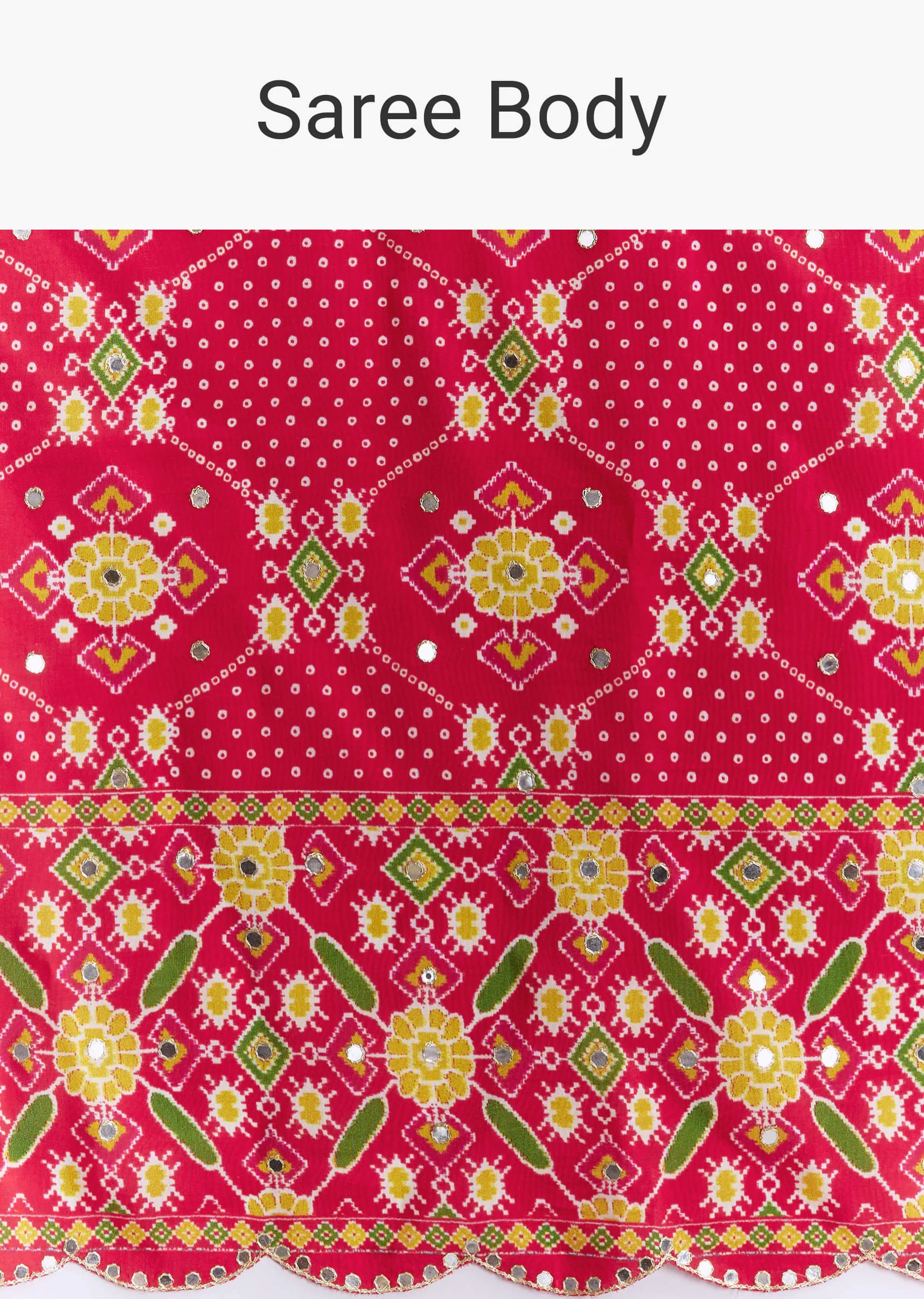 Red Satin Saree With Ikat Geometric Print And Mirror Work - Image 9