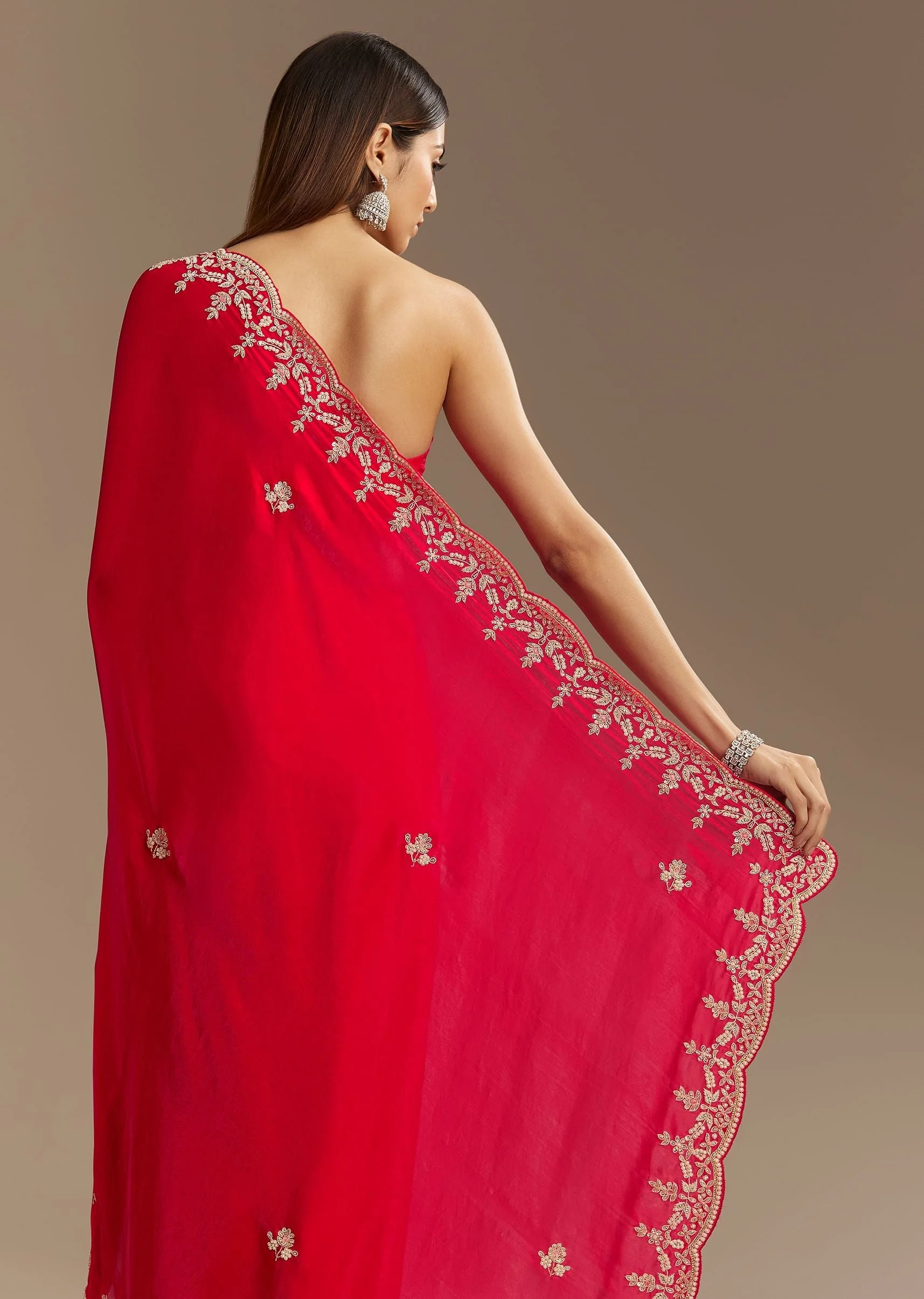 Red Satin Saree With Zardosi Embroidery And Scallop Border - Image 4