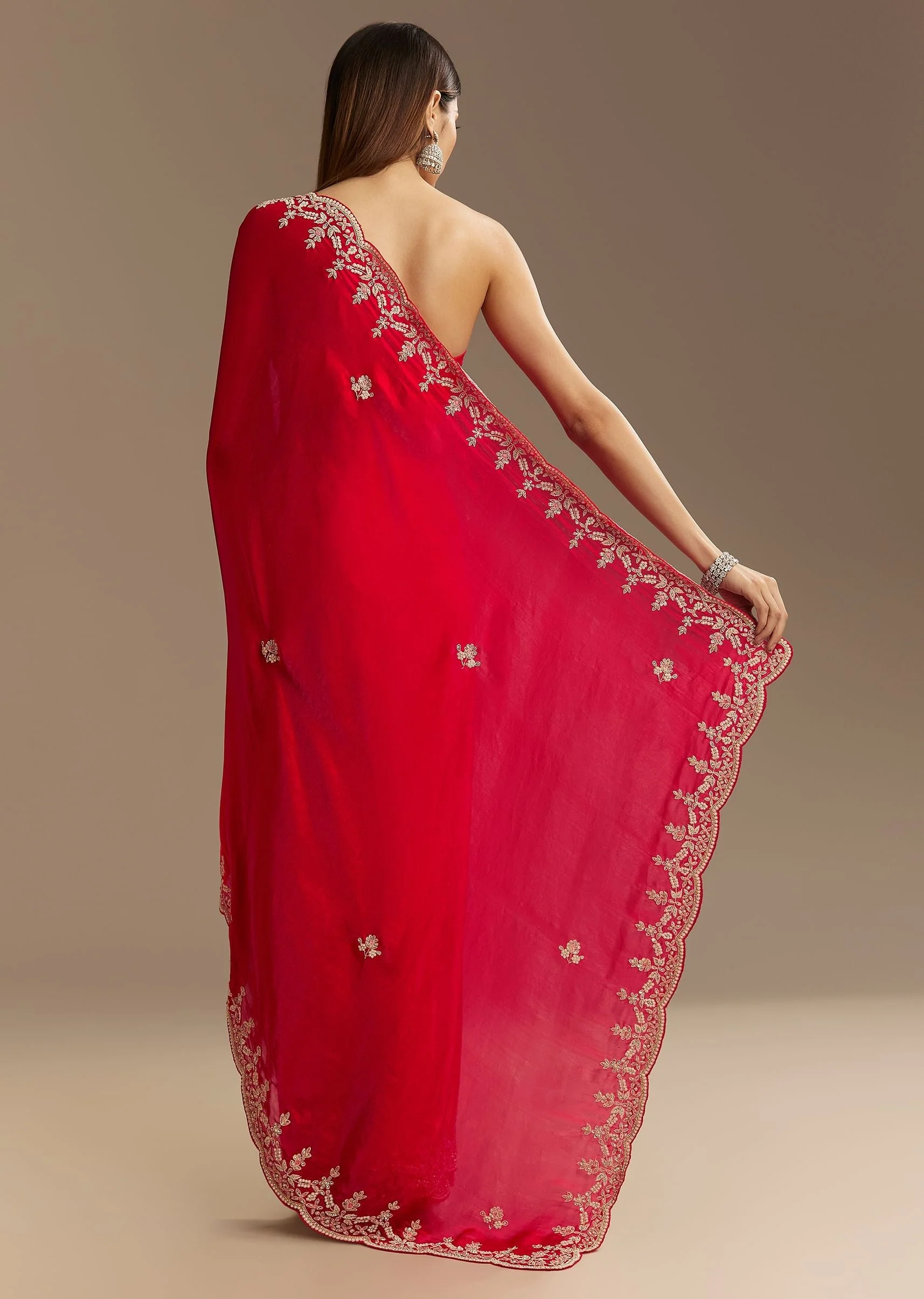 Red Satin Saree With Zardosi Embroidery And Scallop Border - Image 6