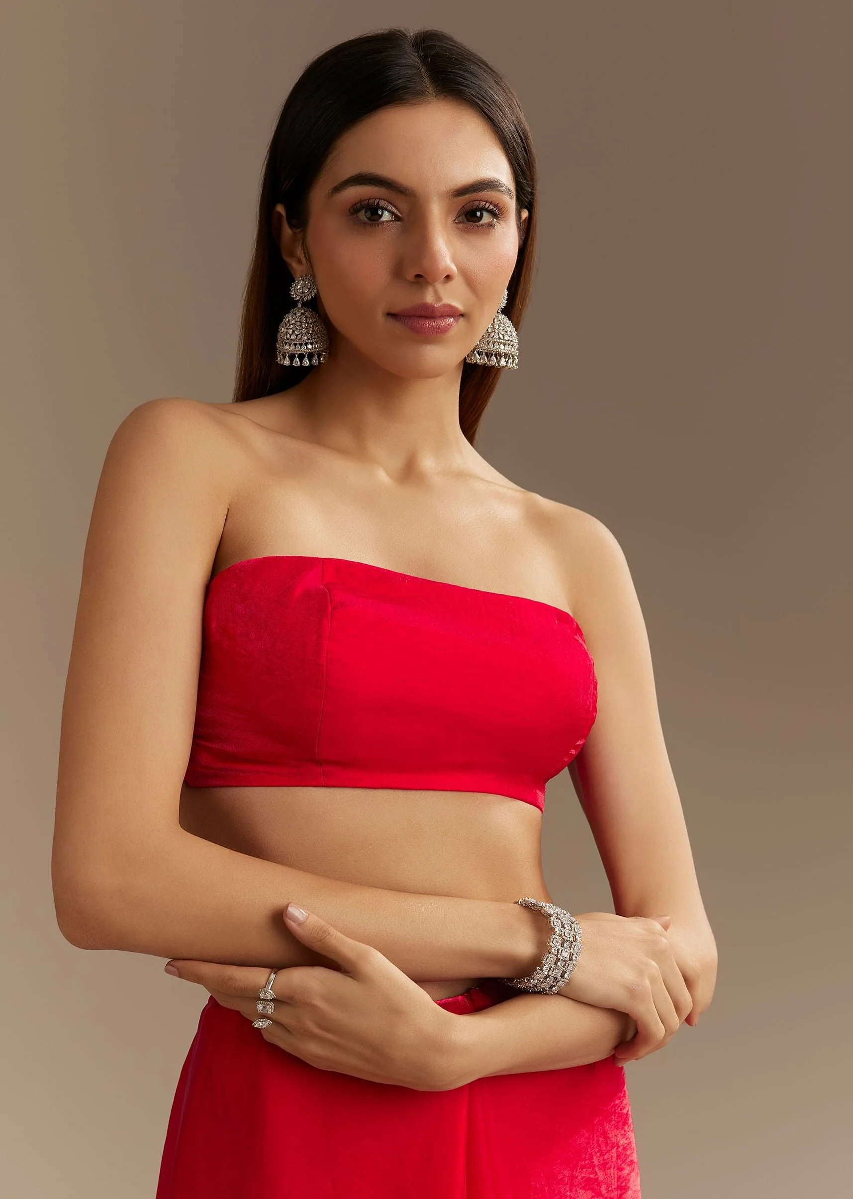 Red Satin Saree With Zardosi Embroidery And Scallop Border - Image 7