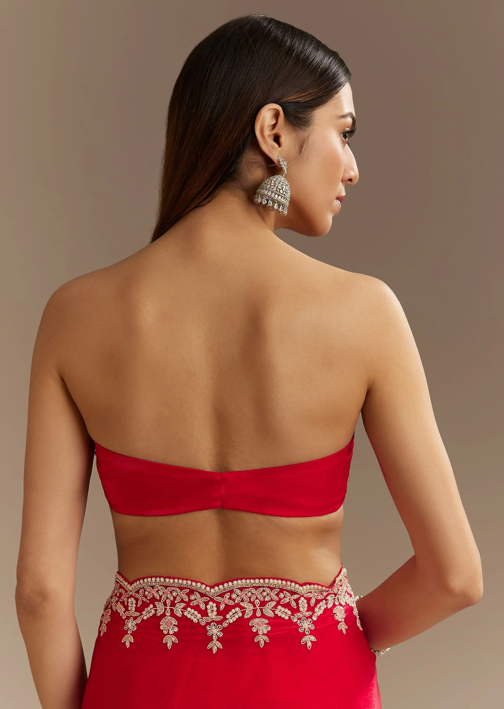 Red Satin Saree With Zardosi Embroidery And Scallop Border - Image 8