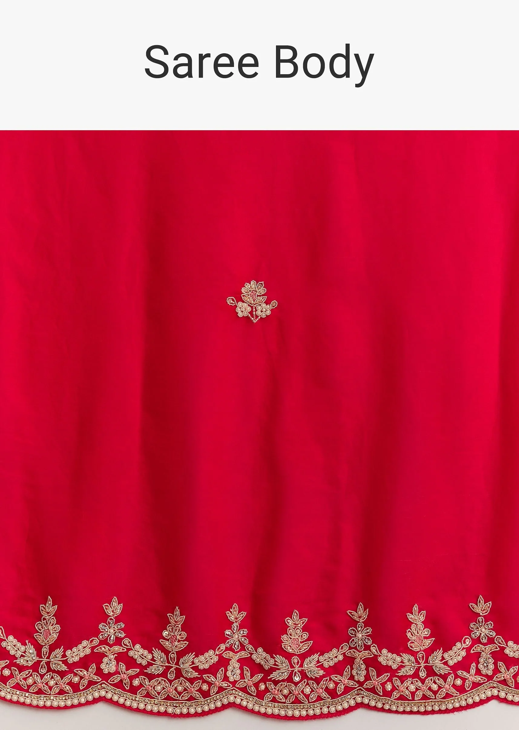 Red Satin Saree With Zardosi Embroidery And Scallop Border - Image 9