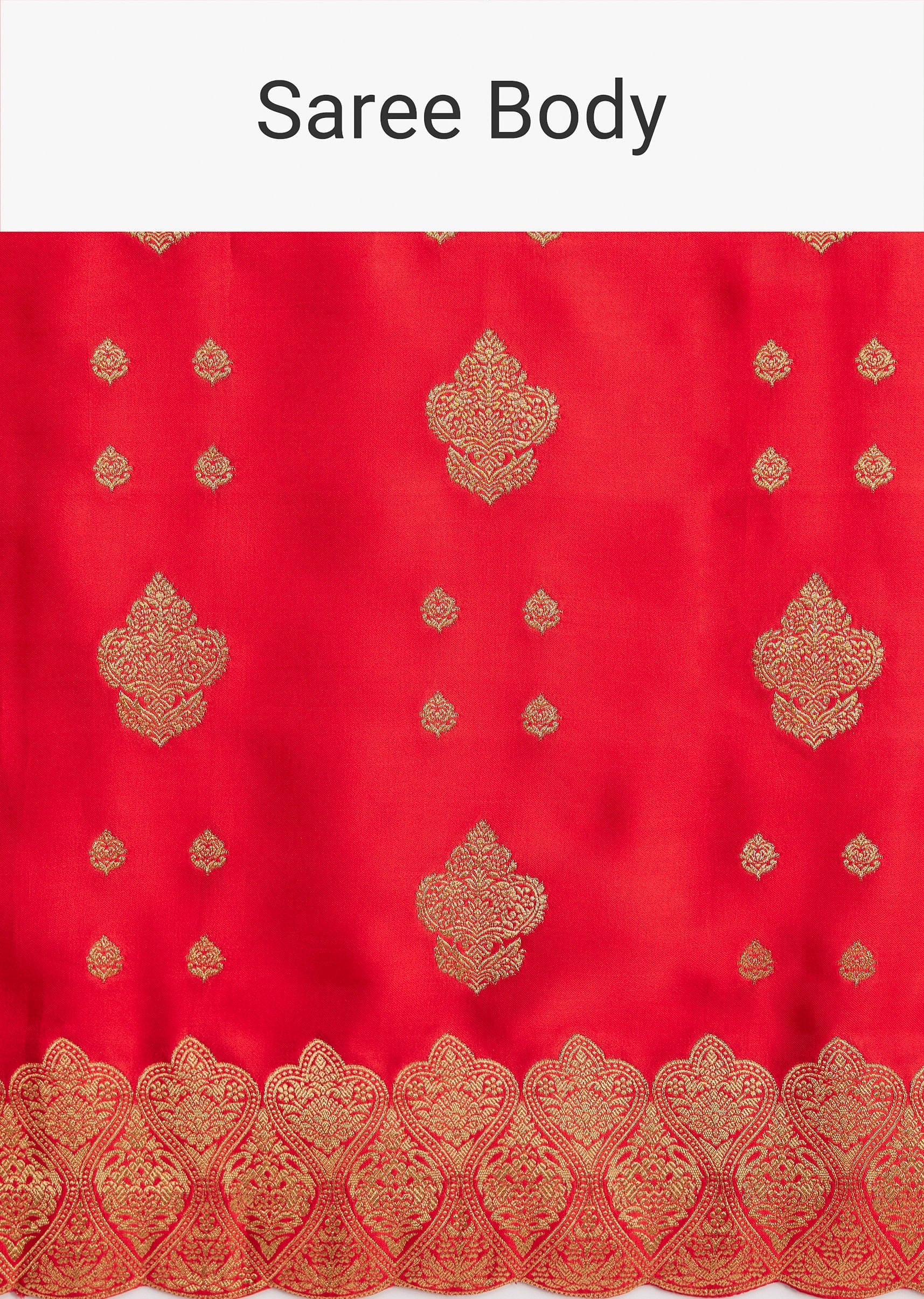 Red Satin Silk Butti Woven Saree With Scallop Brocade Border - Image 10