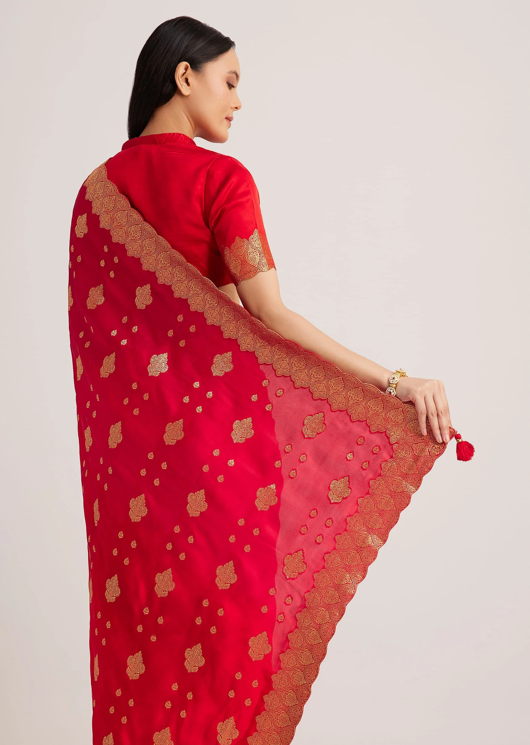 Red Satin Silk Butti Woven Saree With Scallop Brocade Border - Image 4