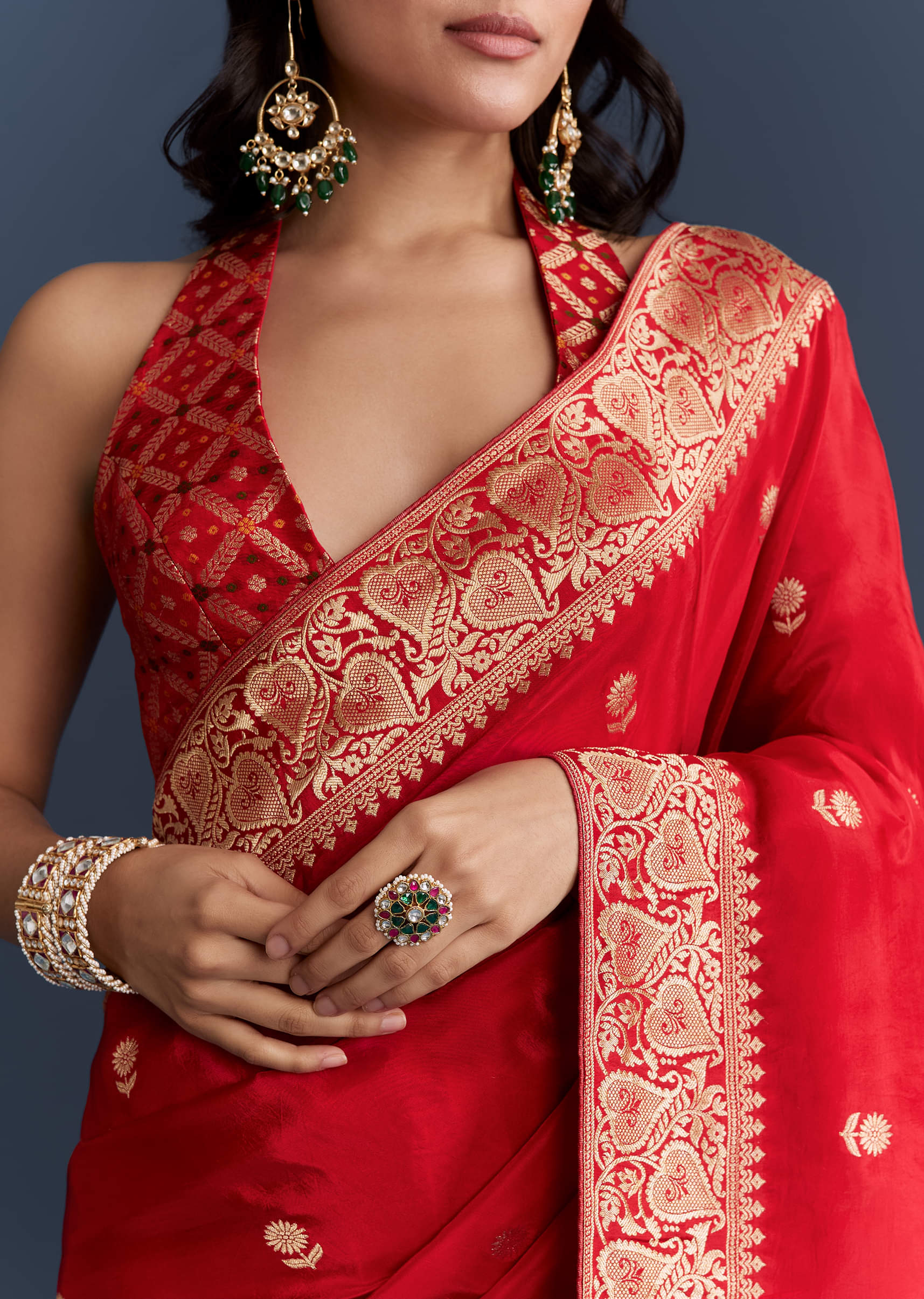Red Satin Woven Saree With Floral Motif Work - Image 2