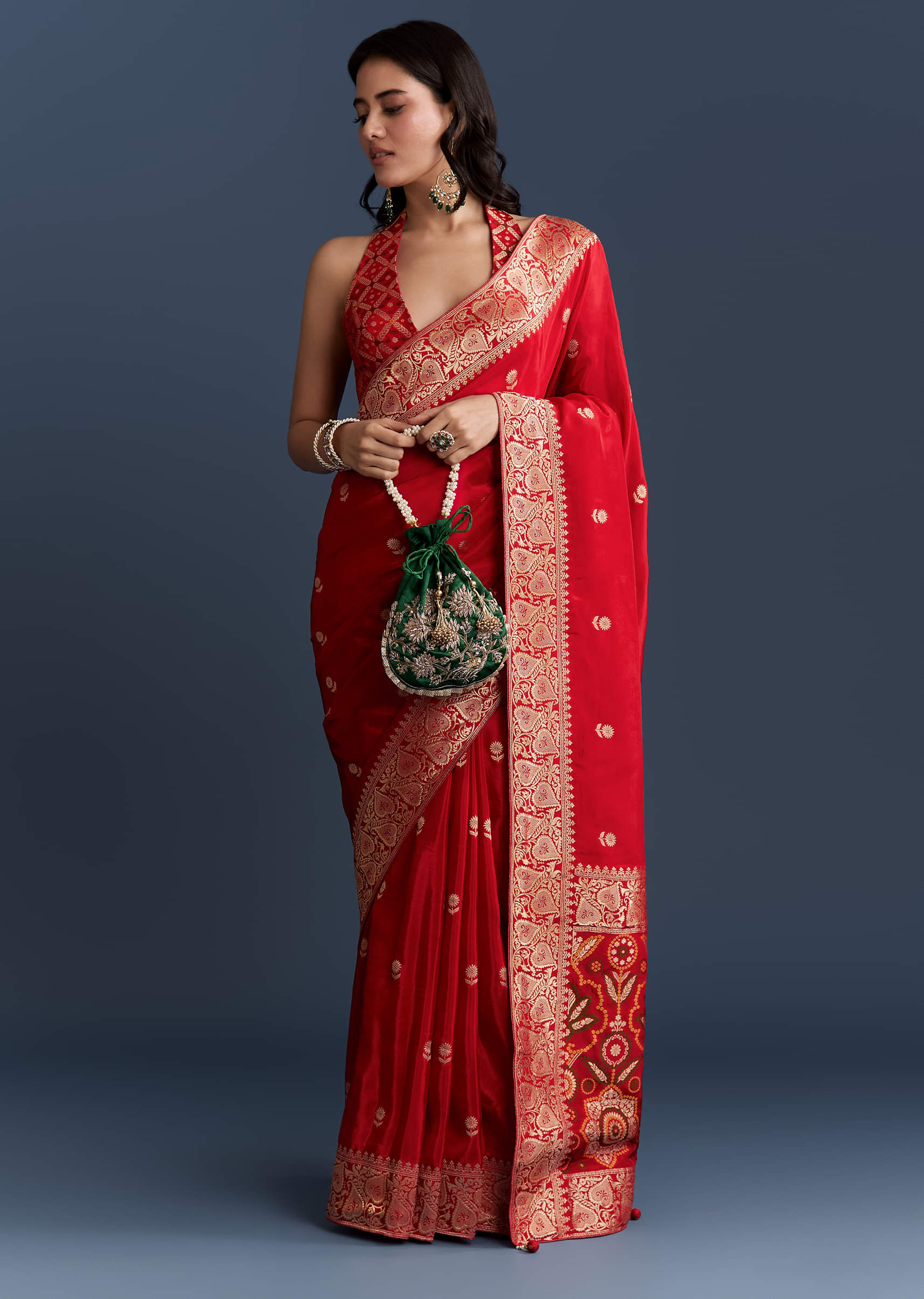 Red Satin Woven Saree With Floral Motif Work - Image 3
