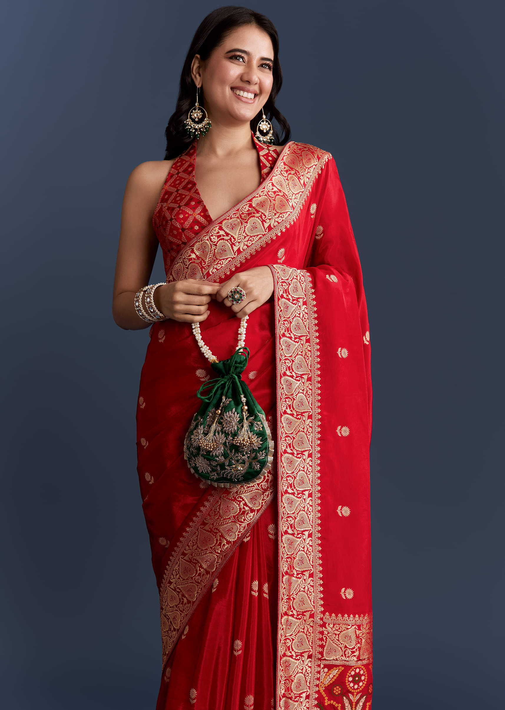 Red Satin Woven Saree With Floral Motif Work - Image 5