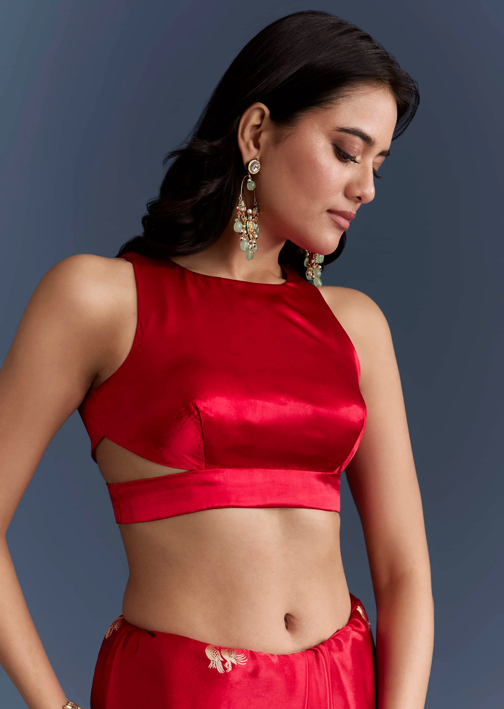 Red Satin Woven Saree With Zari Work - Image 7