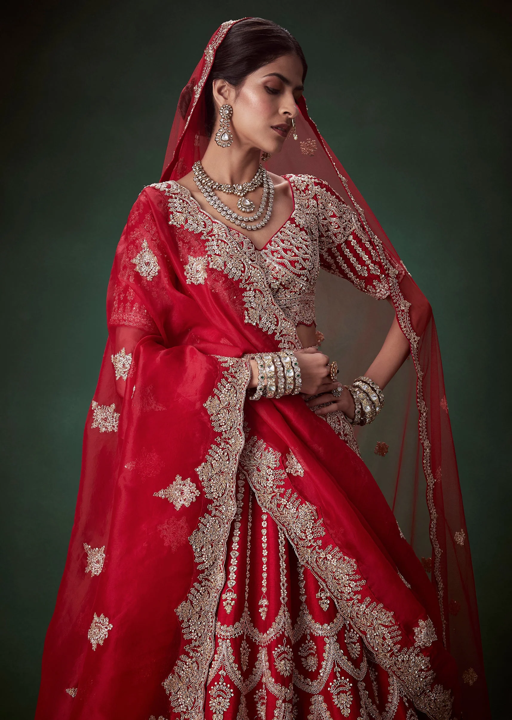 Red Sequin and Resham Embellished Bridal Lehenga Set - Image 5