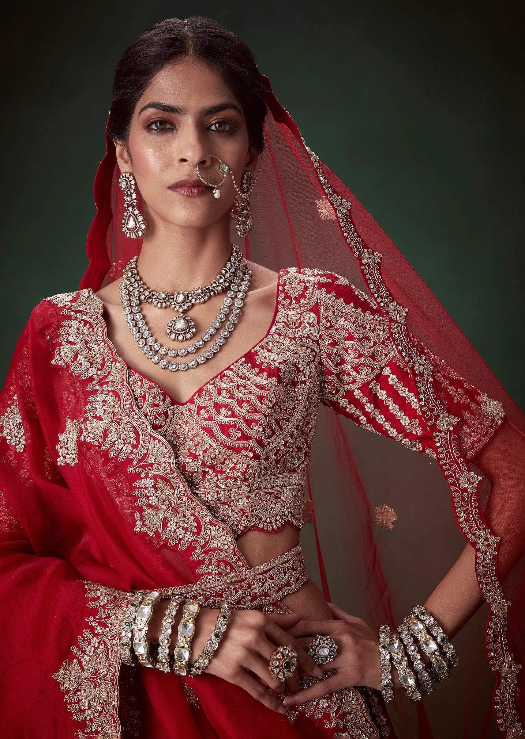 Red Sequin and Resham Embellished Bridal Lehenga Set - Image 7