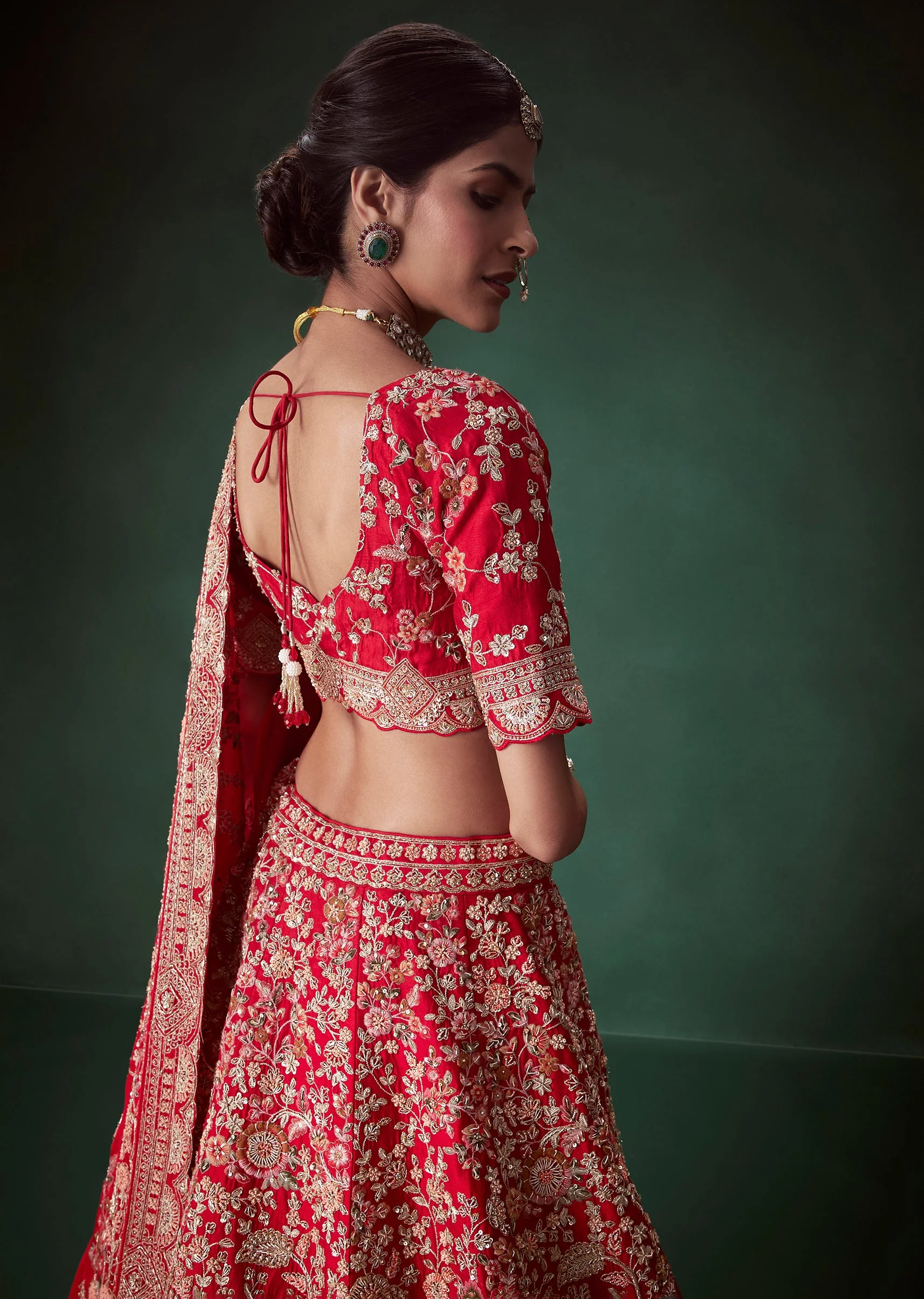 Red Sequin and Resham Embellished Bridal Lehenga Set in Silk - Image 6