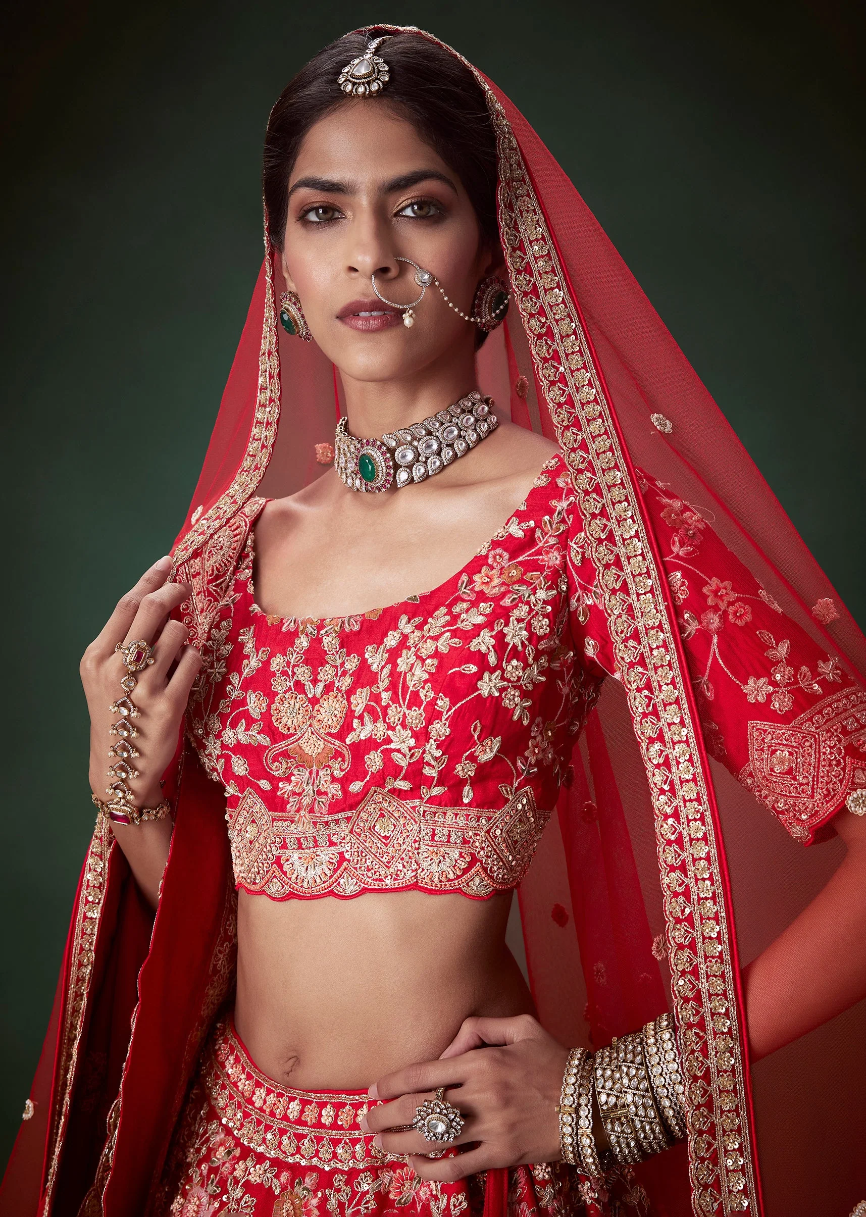 Red Sequin and Resham Embellished Bridal Lehenga Set in Silk - Image 7