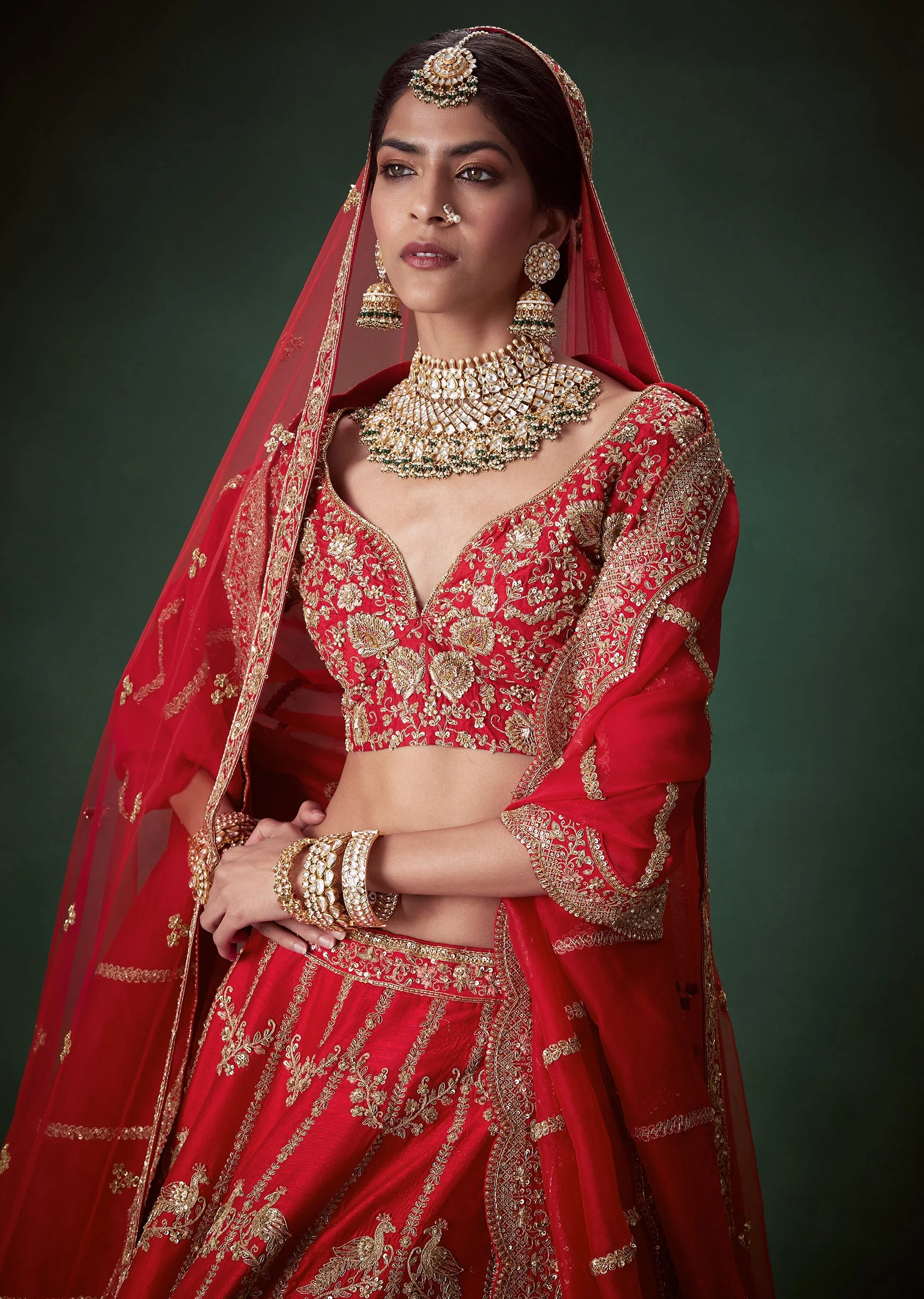 Red Sequin Embellished Bridal Lehenga Set in Silk - Image 3