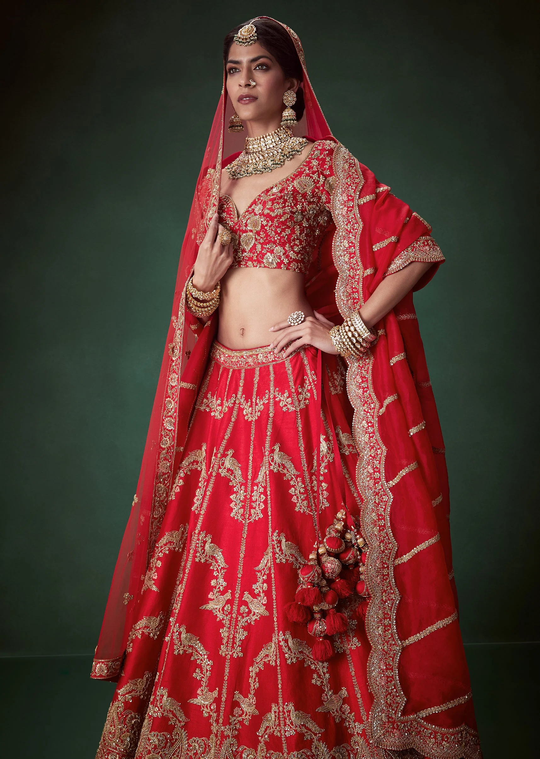 Red Sequin Embellished Bridal Lehenga Set in Silk - Image 5
