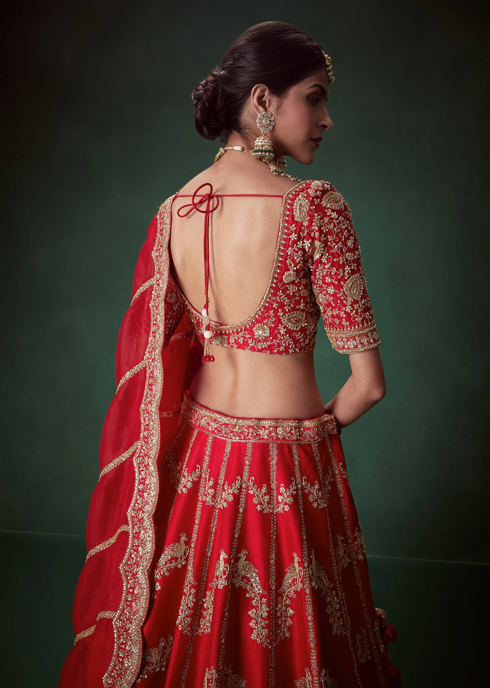 Red Sequin Embellished Bridal Lehenga Set in Silk - Image 6
