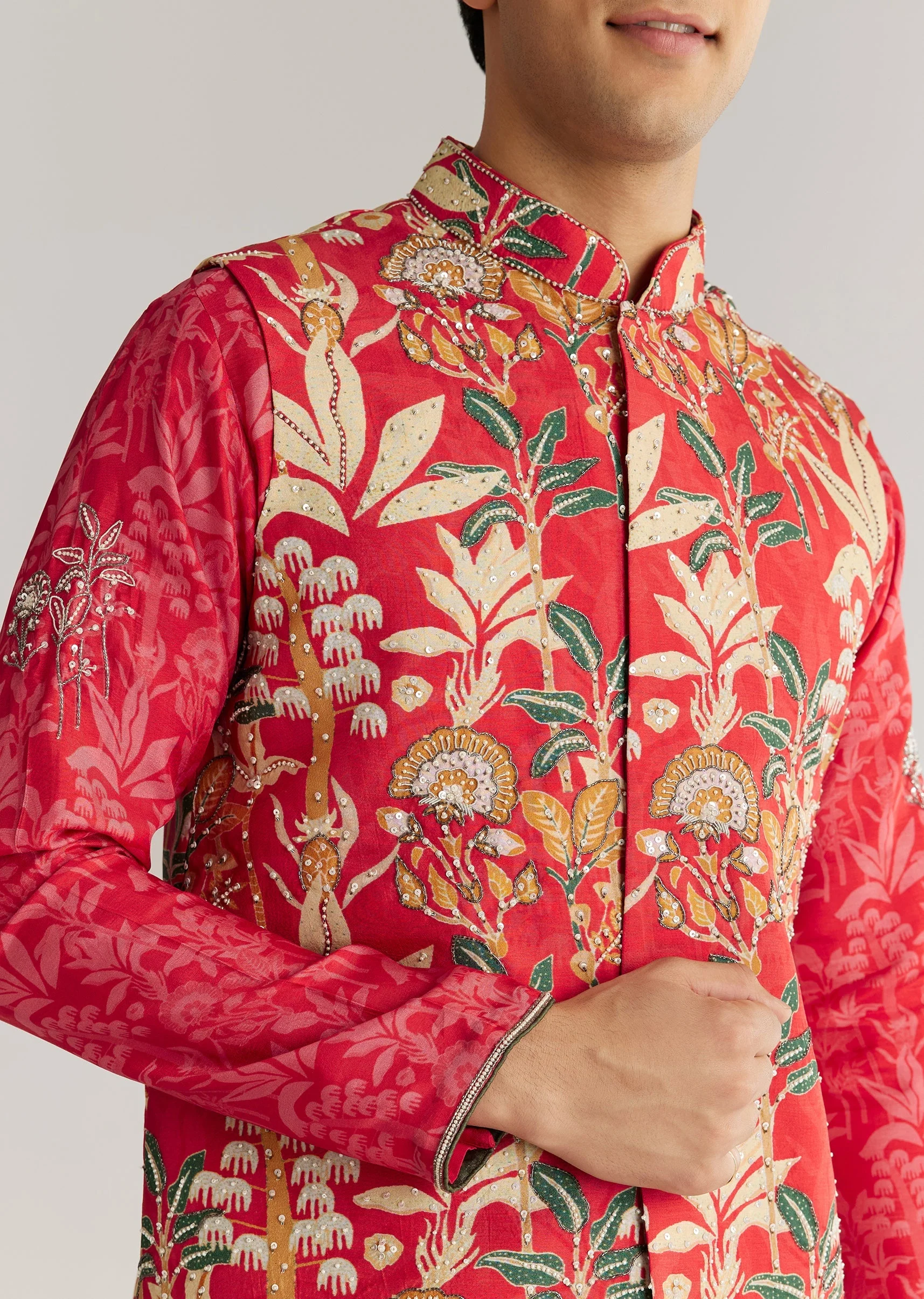 Red Silk 3D Crystal Pearl Floral Kurta Jacket Set - Image 4