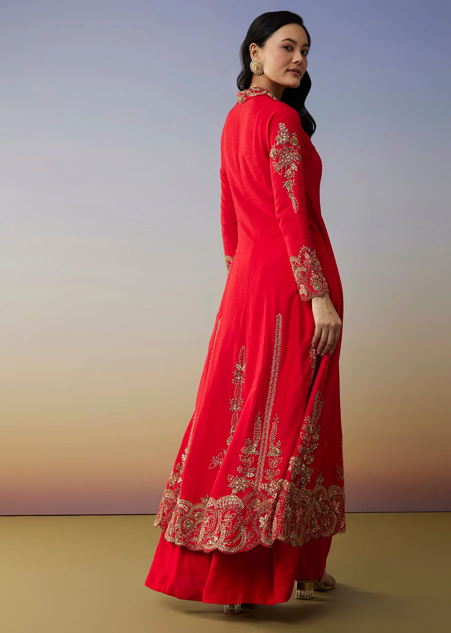 Red Silk Anarkali Suits with Cut Dana Sequins Work - Image 5