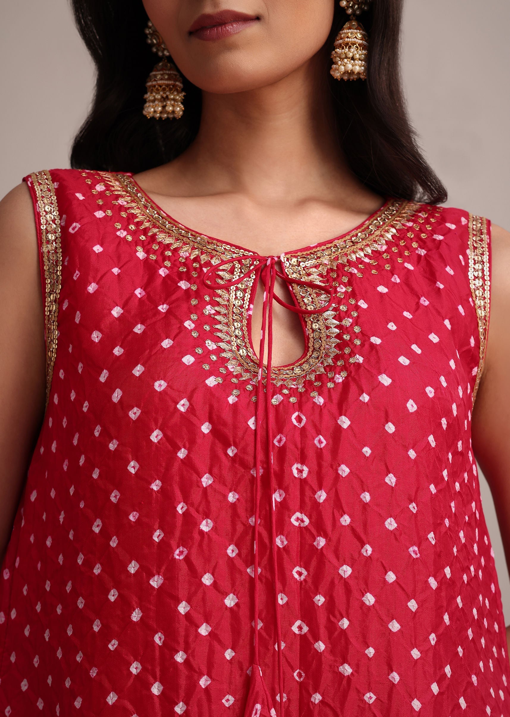 Red Silk Bandhani Print Kurta Dhoti Set - Image 2