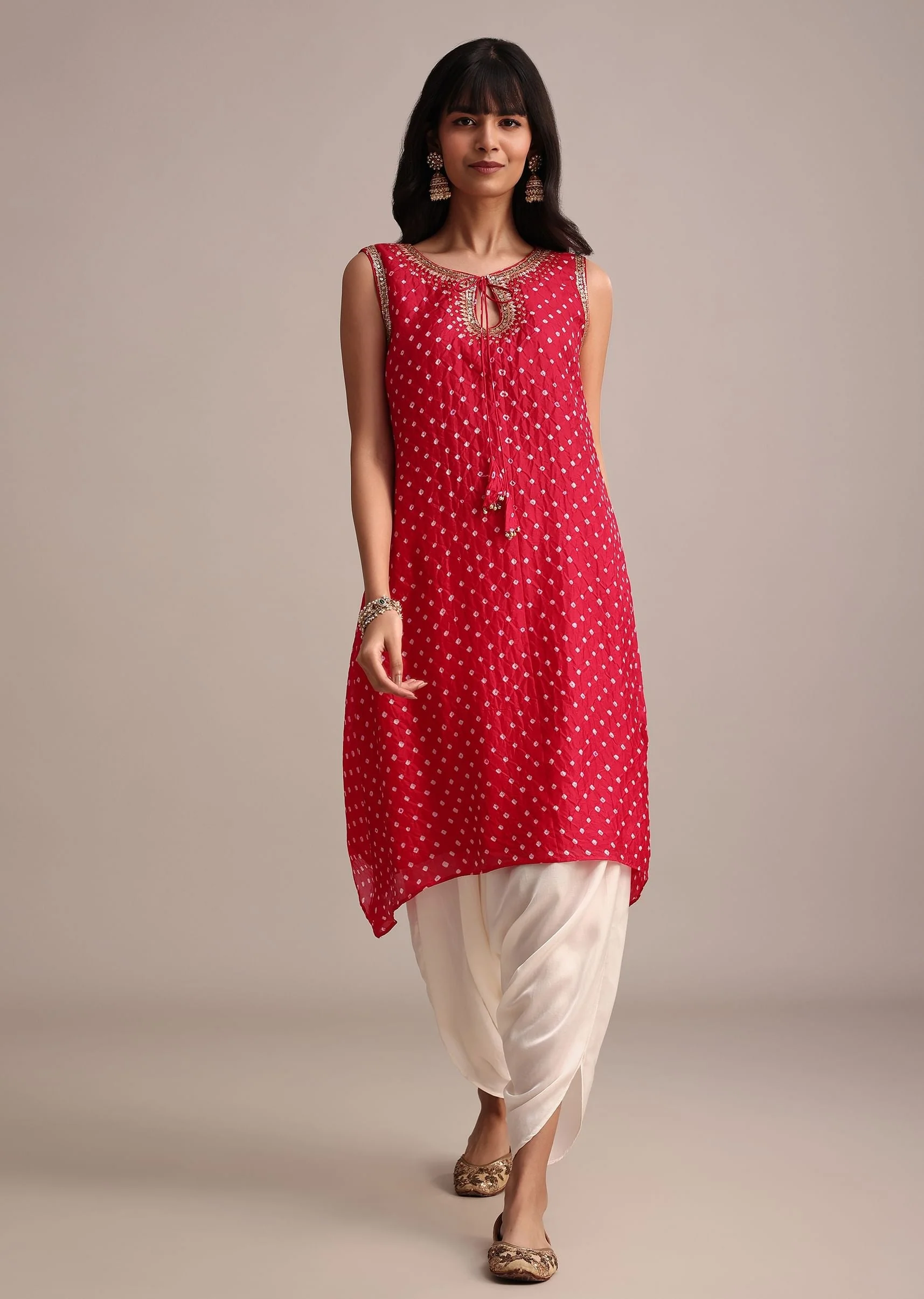 Red Silk Bandhani Print Kurta Dhoti Set - Image 3