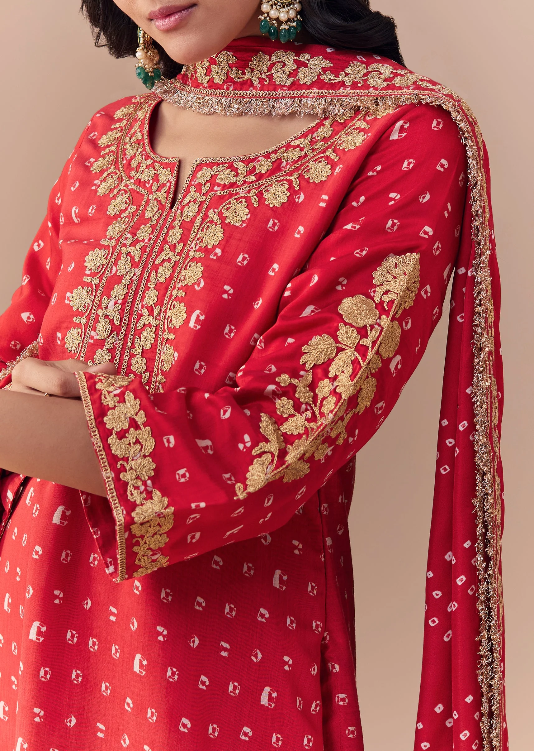 Red Silk Bandhani Print Kurta Set - Image 2