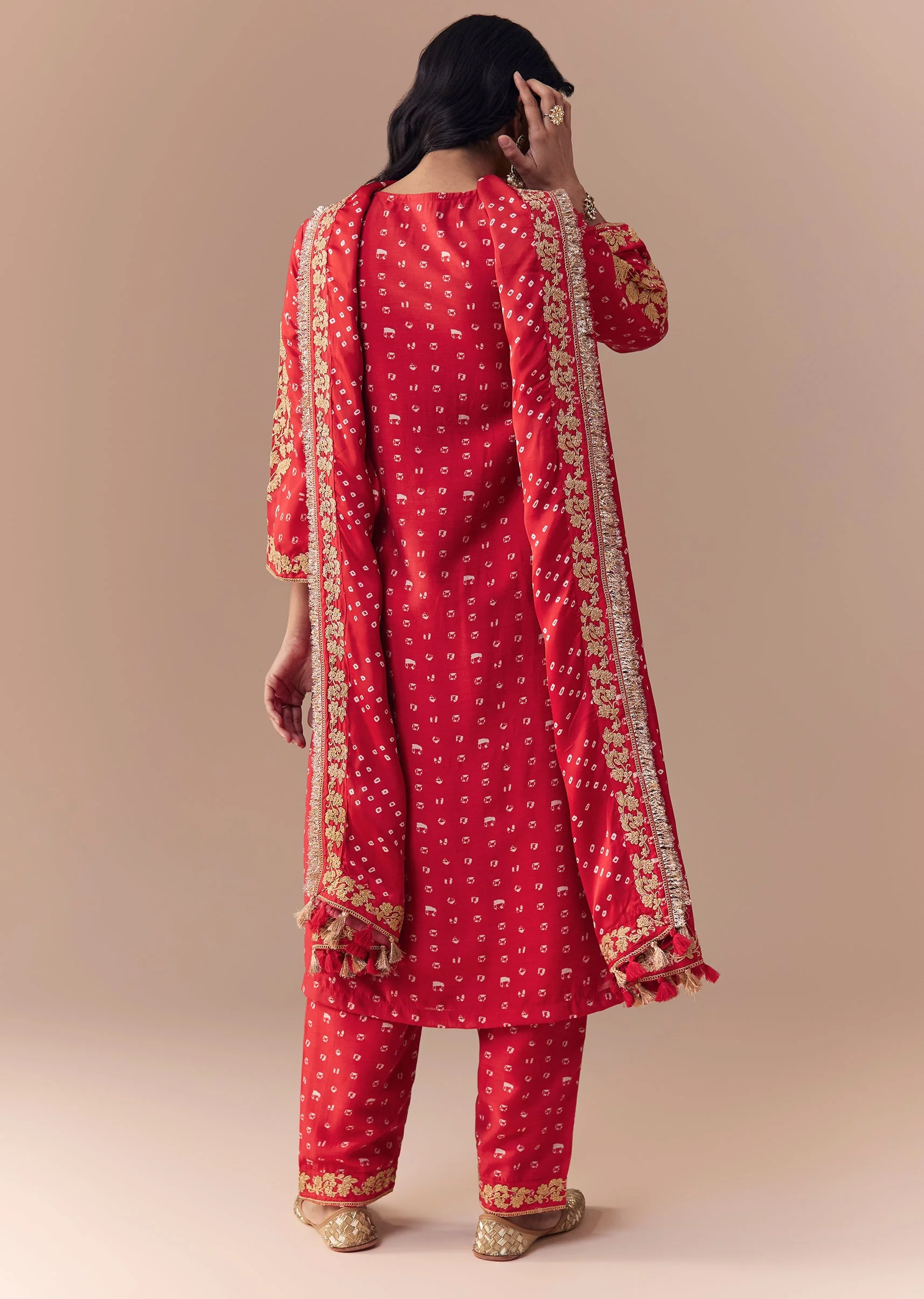 Red Silk Bandhani Print Kurta Set - Image 5