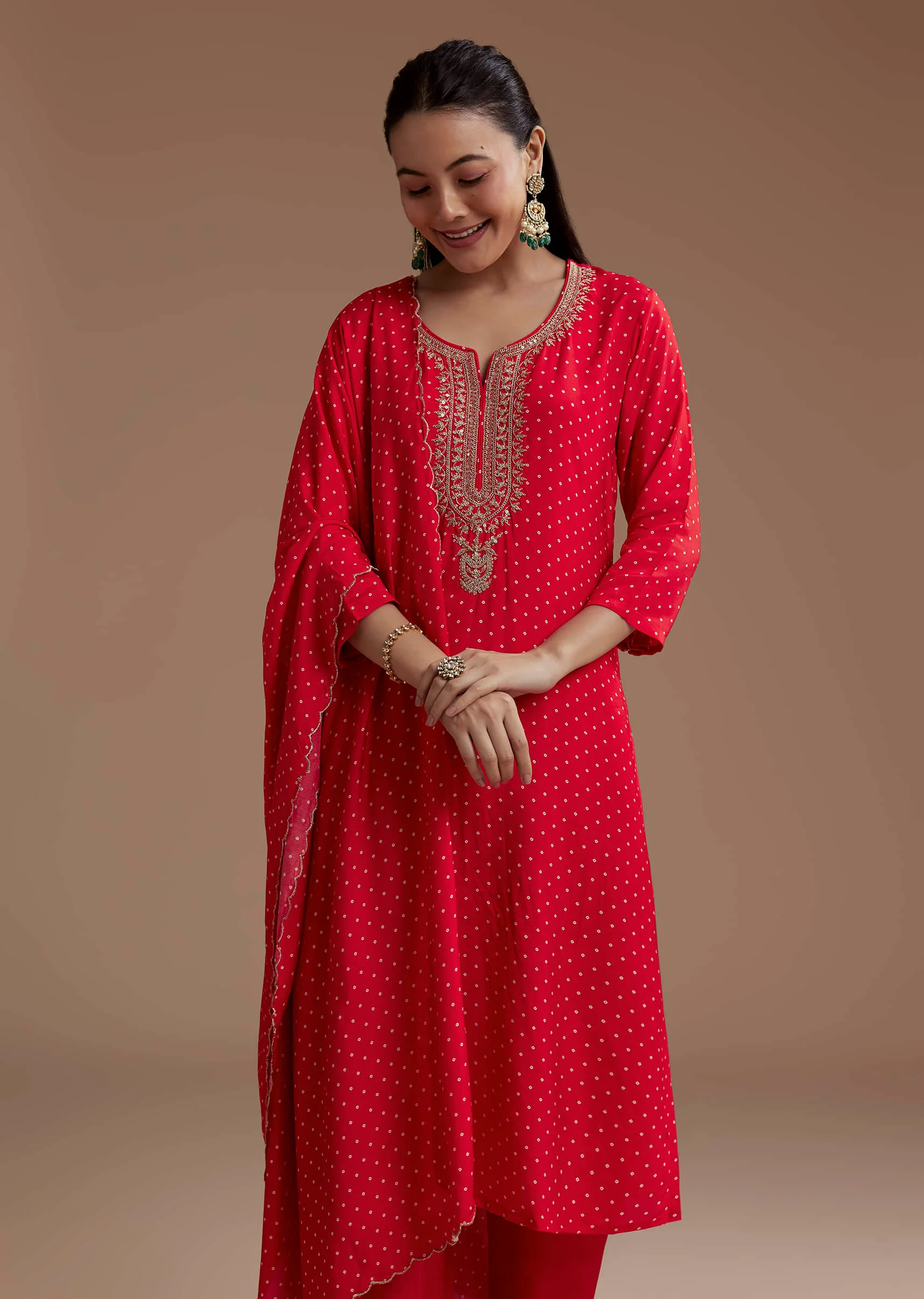 Red Silk Bandhani Print Kurta Set with Zari Work - Image 3