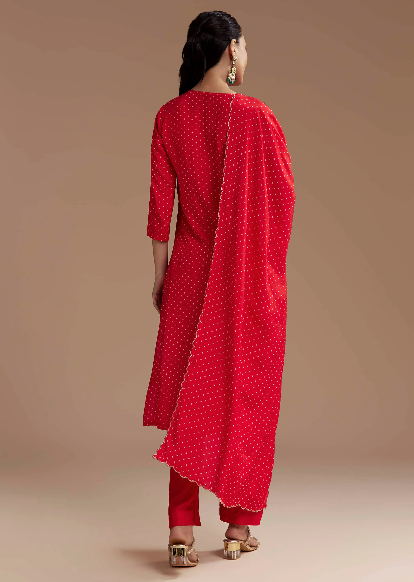 Red Silk Bandhani Print Kurta Set with Zari Work - Image 5