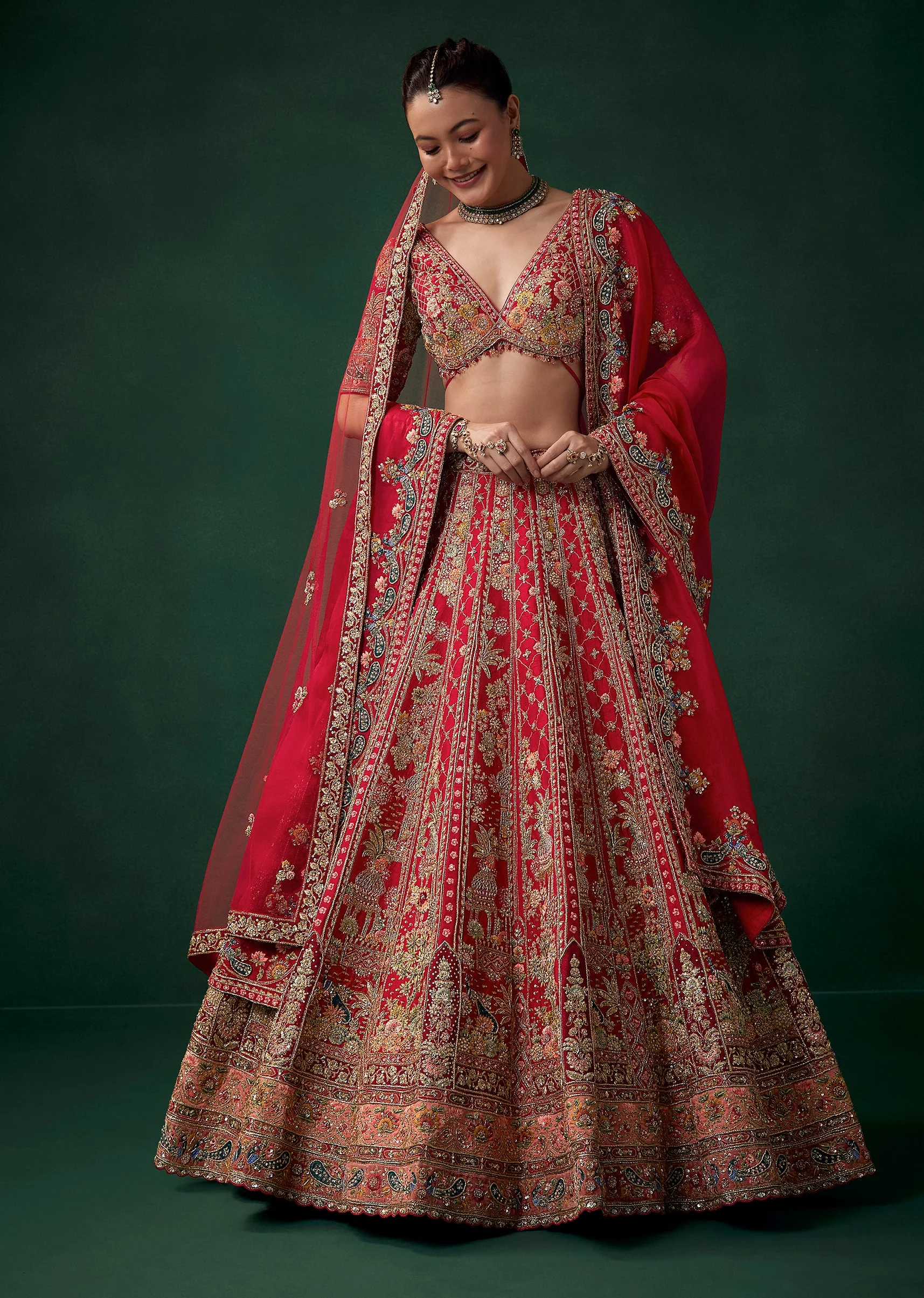 Red Silk Bridal Lehenga Set wit Zari Work