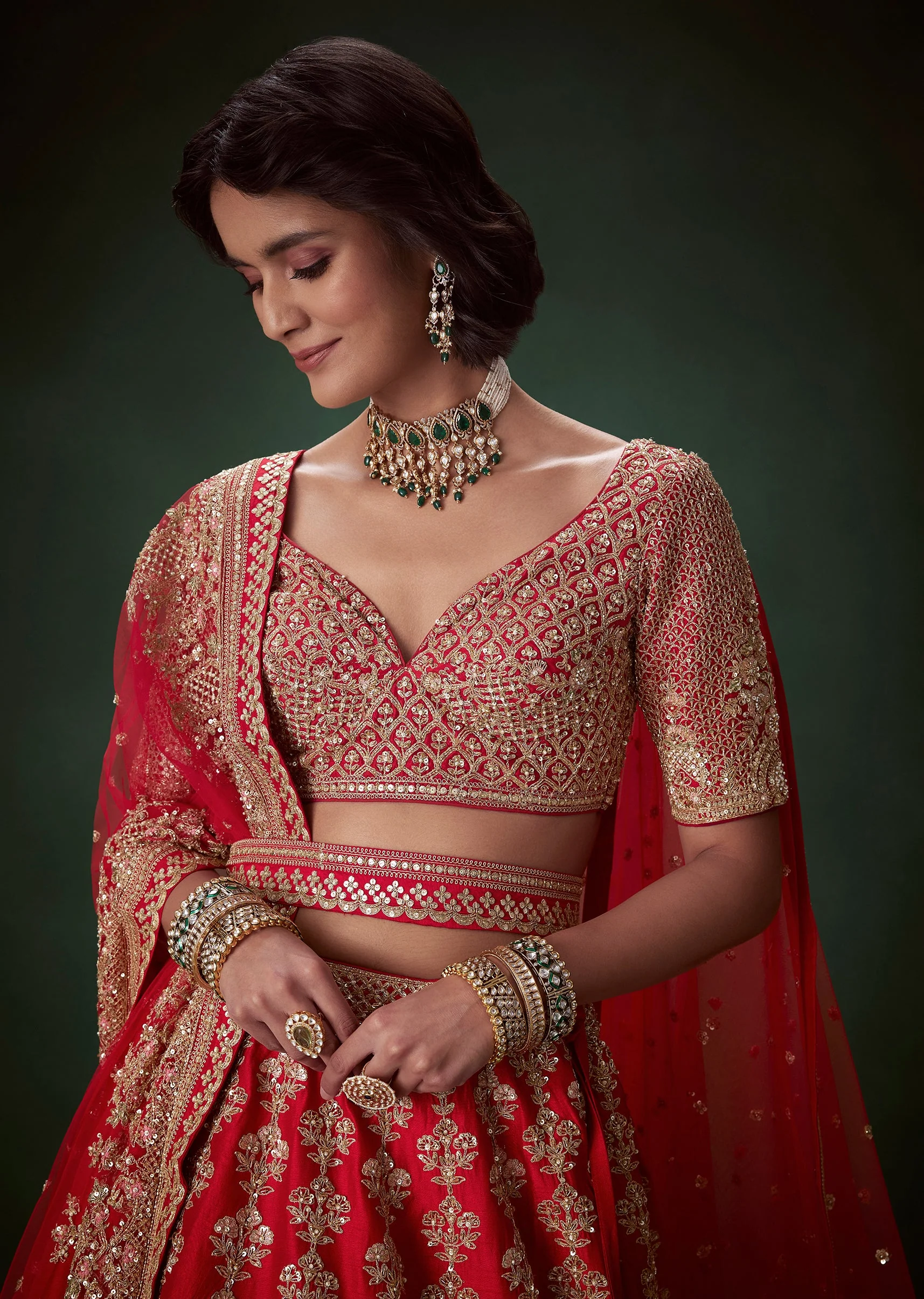 Red Silk Bridal Lehenga Set with Two Dupattas - Image 3