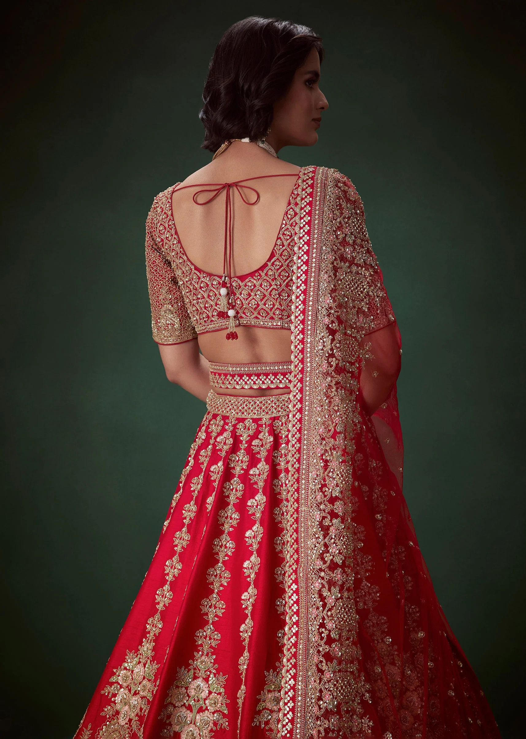 Red Silk Bridal Lehenga Set with Two Dupattas - Image 5