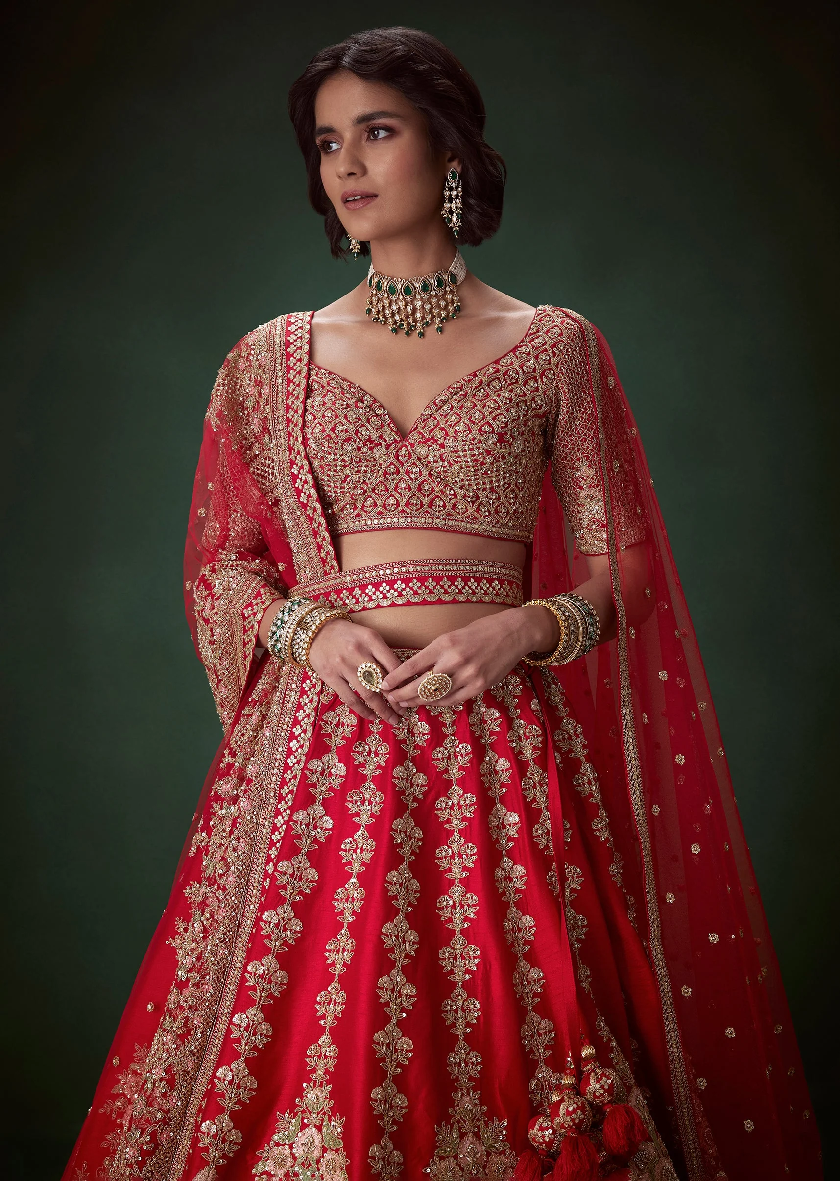 Red Silk Bridal Lehenga Set with Two Dupattas - Image 6