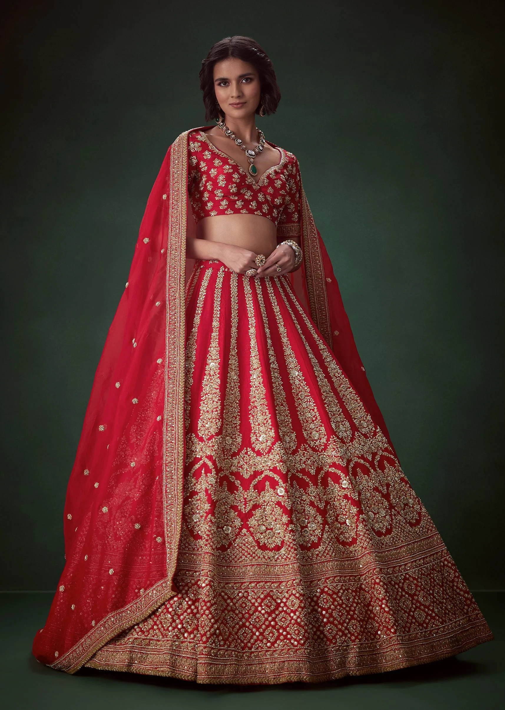 Red Silk Bridal Lehenga Set with Zari and Beads - Image 4