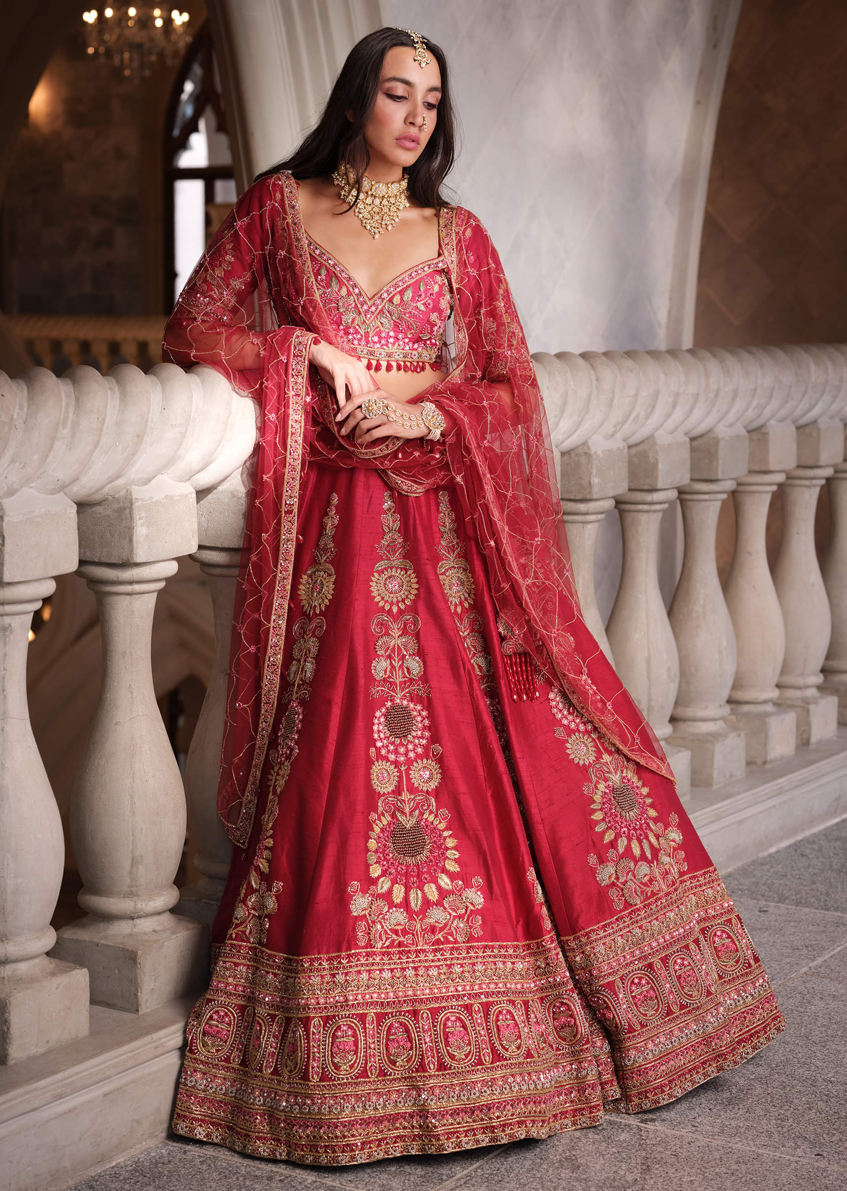 Red Silk Bridal Lehenga With Heavy Zardosi Work and Embroidery - Image 3