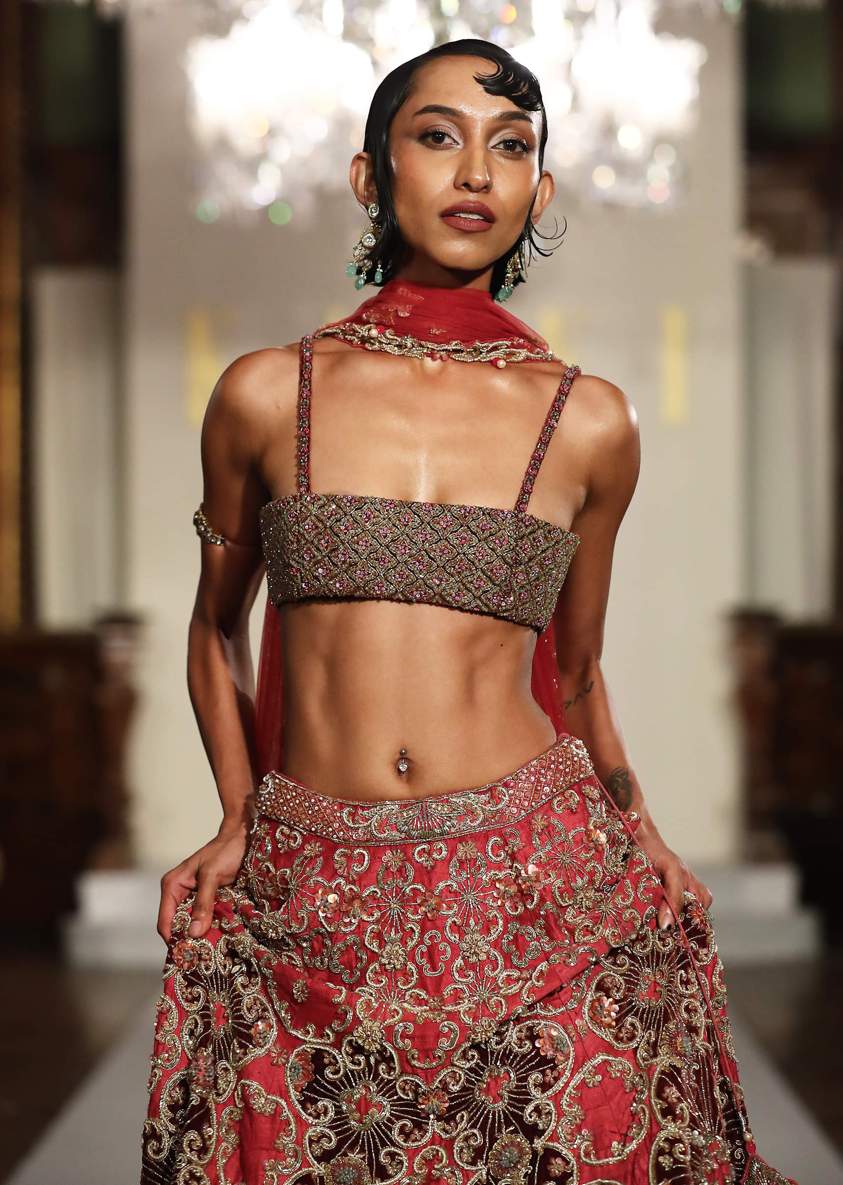 Red Silk Bridal Lehenga With Zardosi And Sequins Embroidery - Image 2