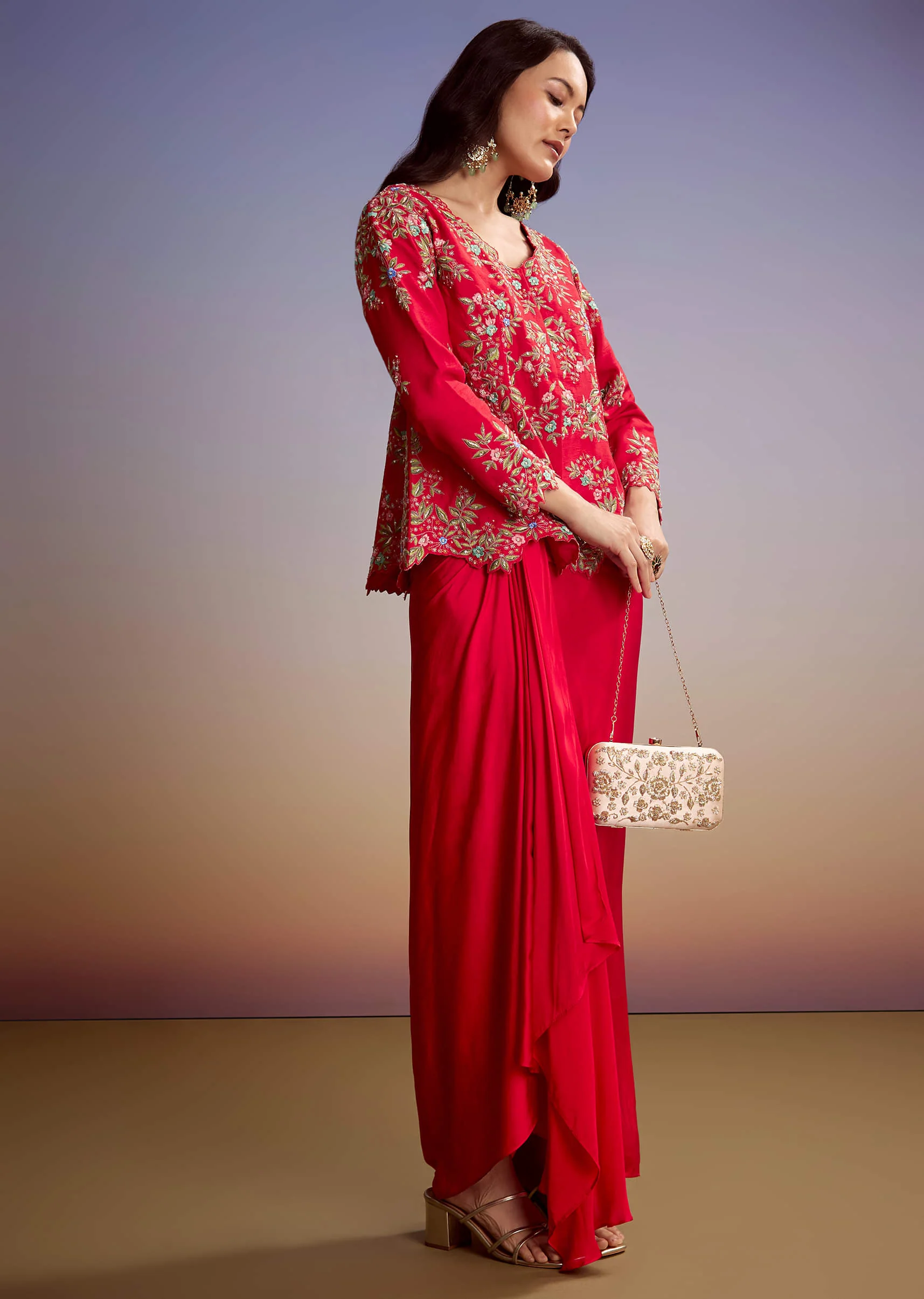 Red Silk Crop Top Skirt With Resham Work
