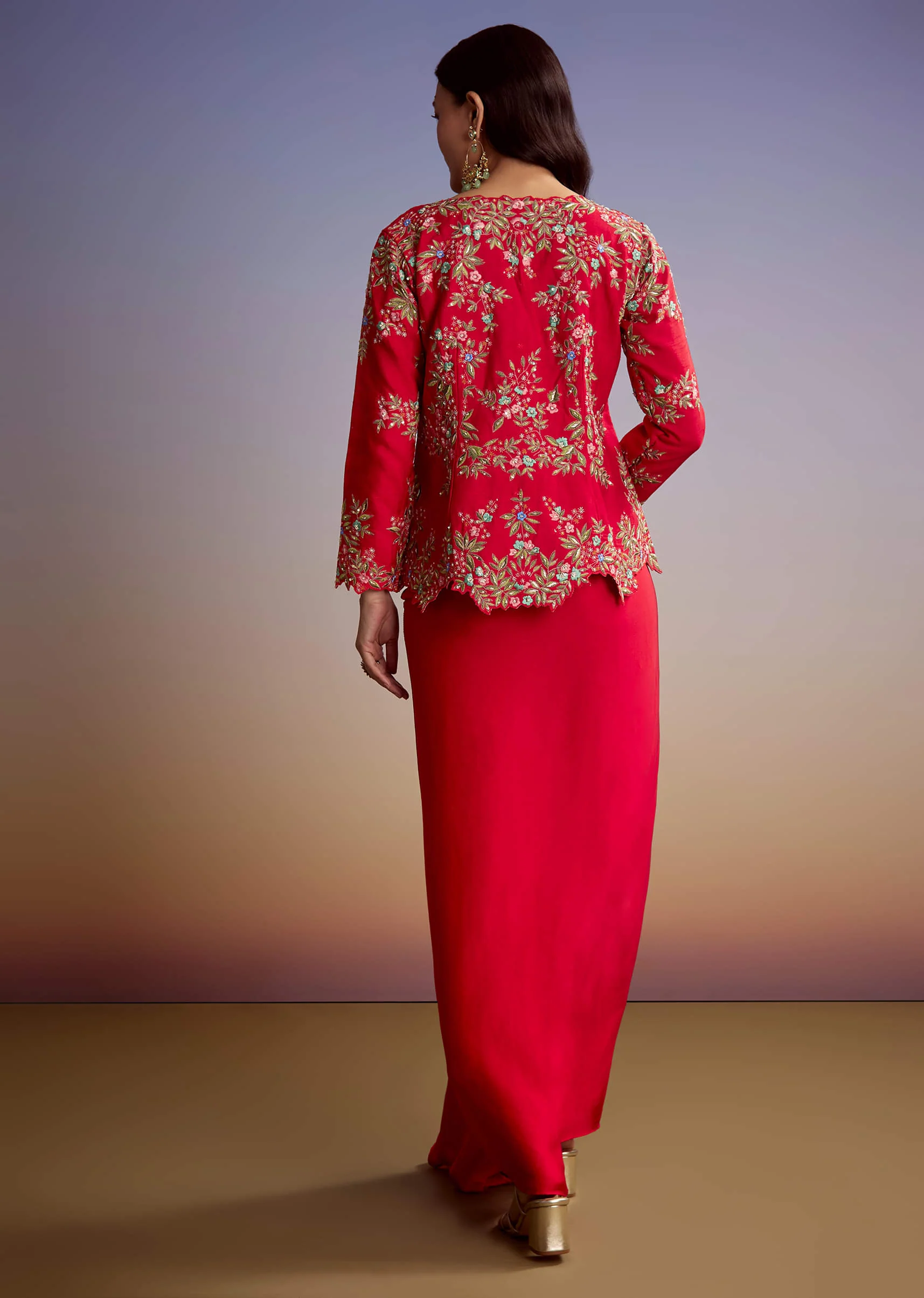 Red Silk Crop Top Skirt With Resham Work - Image 5