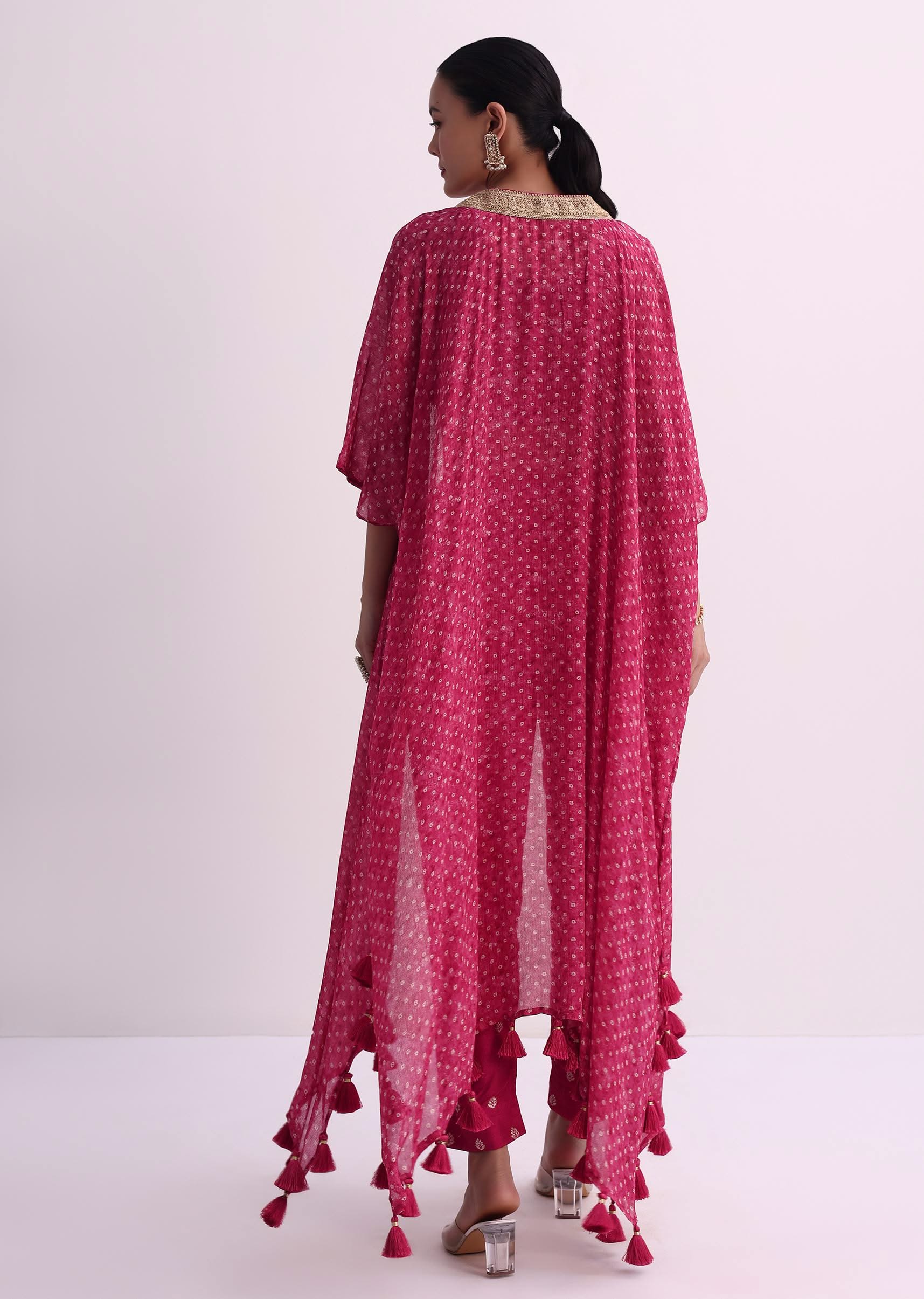 Red Silk Crop Top And Pant Set With Bandhani Print Jacket - Image 2
