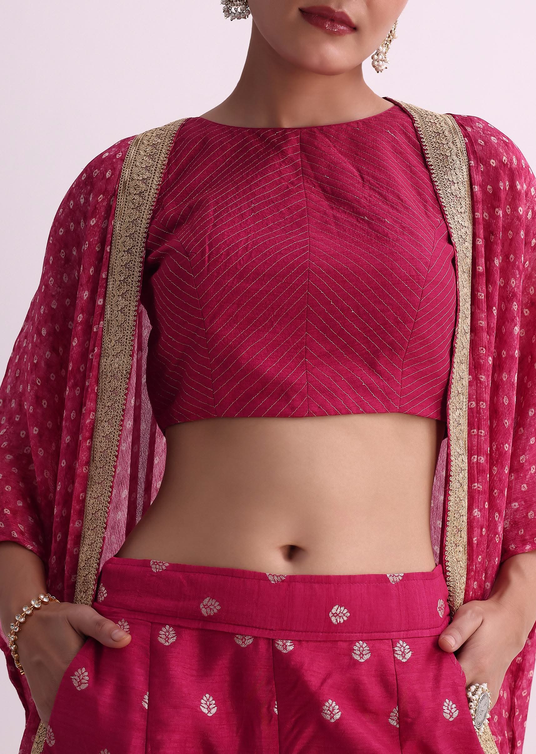 Red Silk Crop Top And Pant Set With Bandhani Print Jacket - Image 3