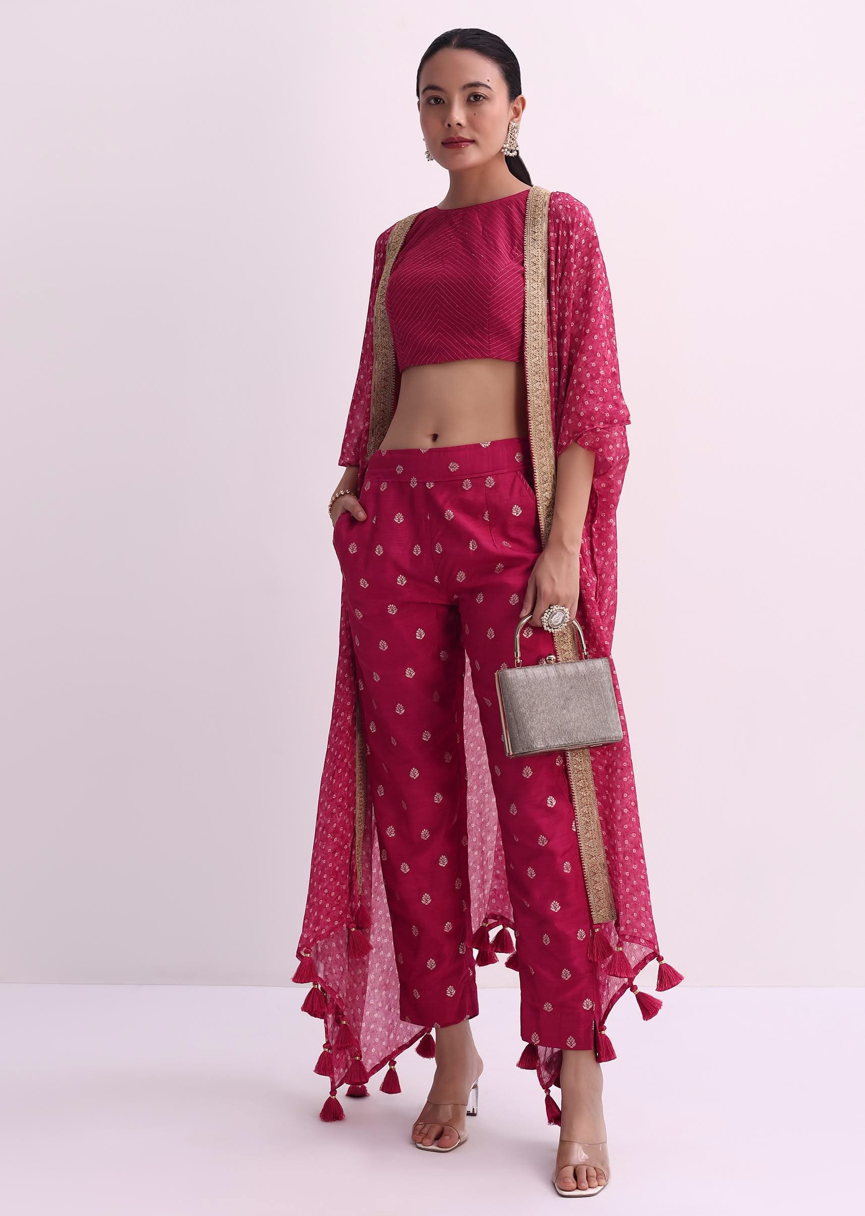 Red Silk Crop Top And Pant Set With Bandhani Print Jacket - Image 4