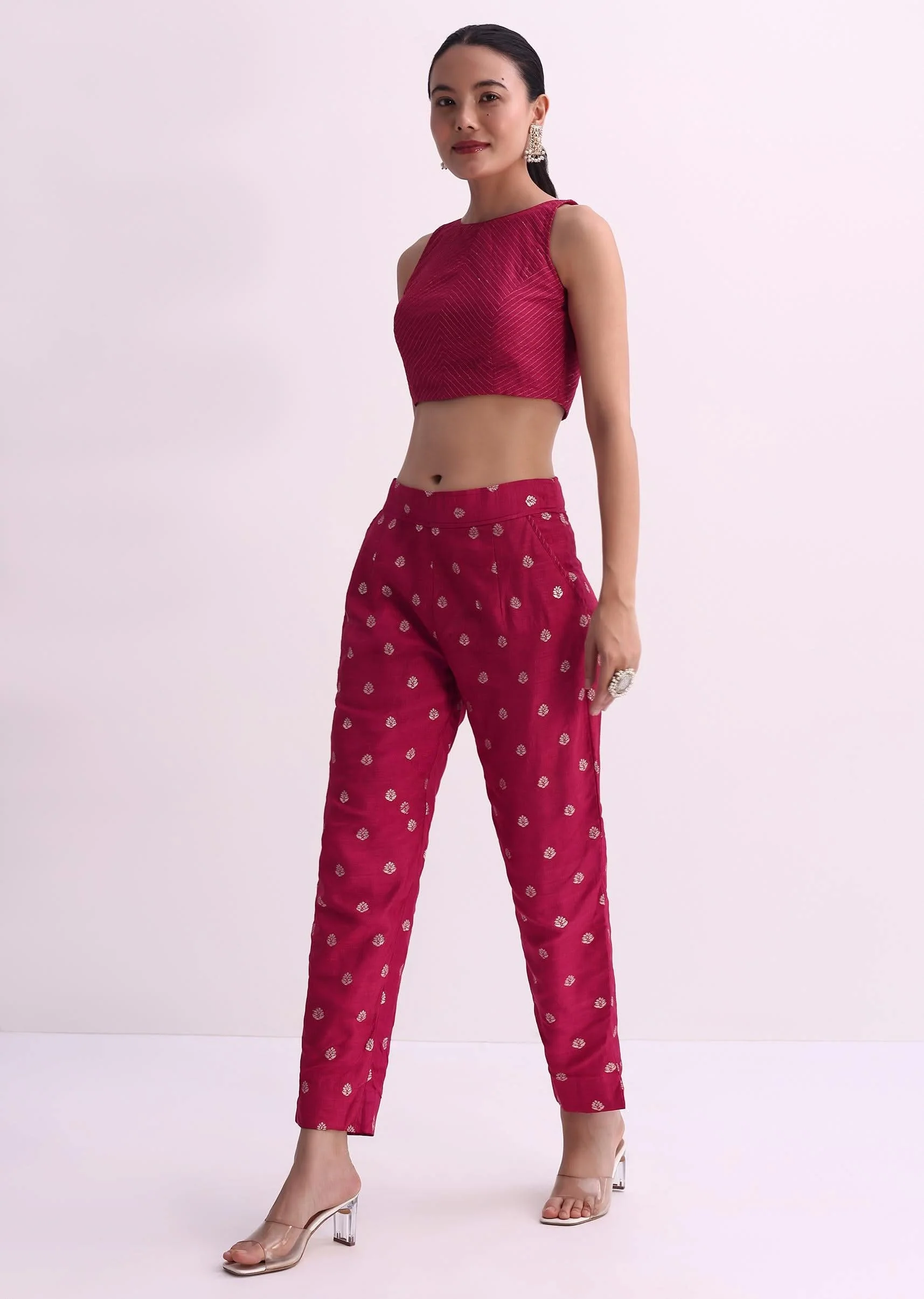 Red Silk Crop Top And Pant Set With Bandhani Print Jacket - Image 8